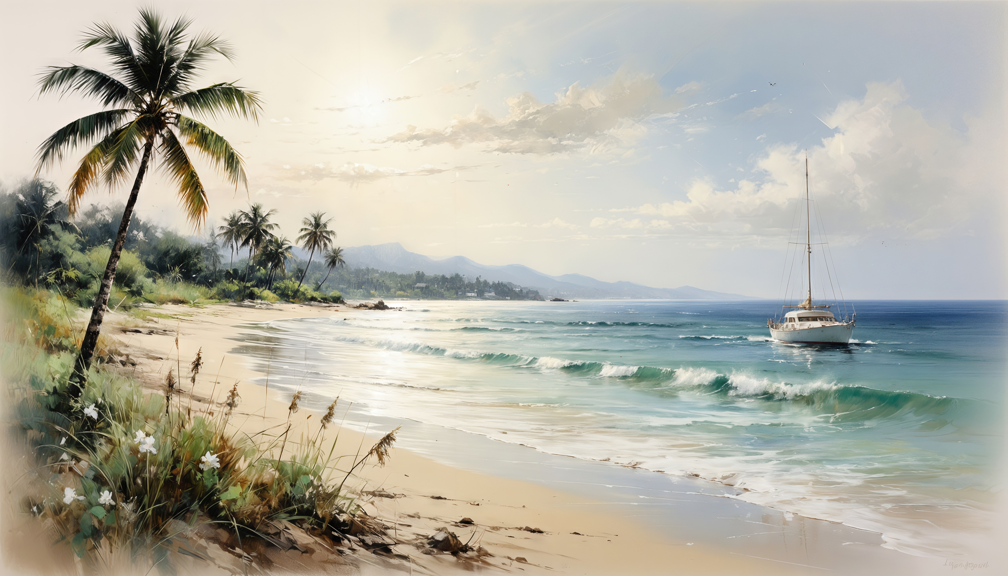 Бесплатное фото Тропический пляж с пальмами, лазурные волны и парусник на горизонте.