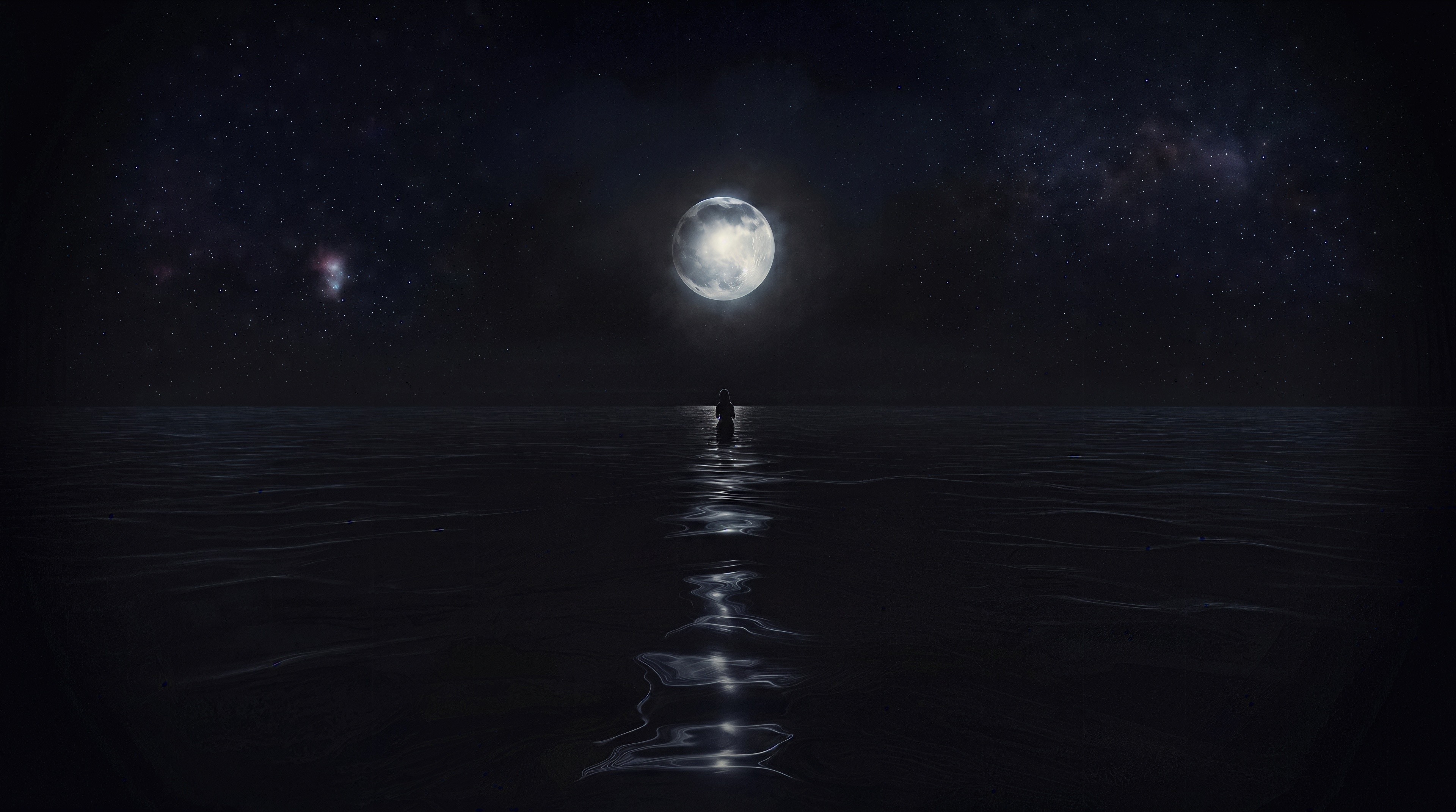 A lonely silhouette of a man in the middle of the endless night ocean under a huge shining full moon.