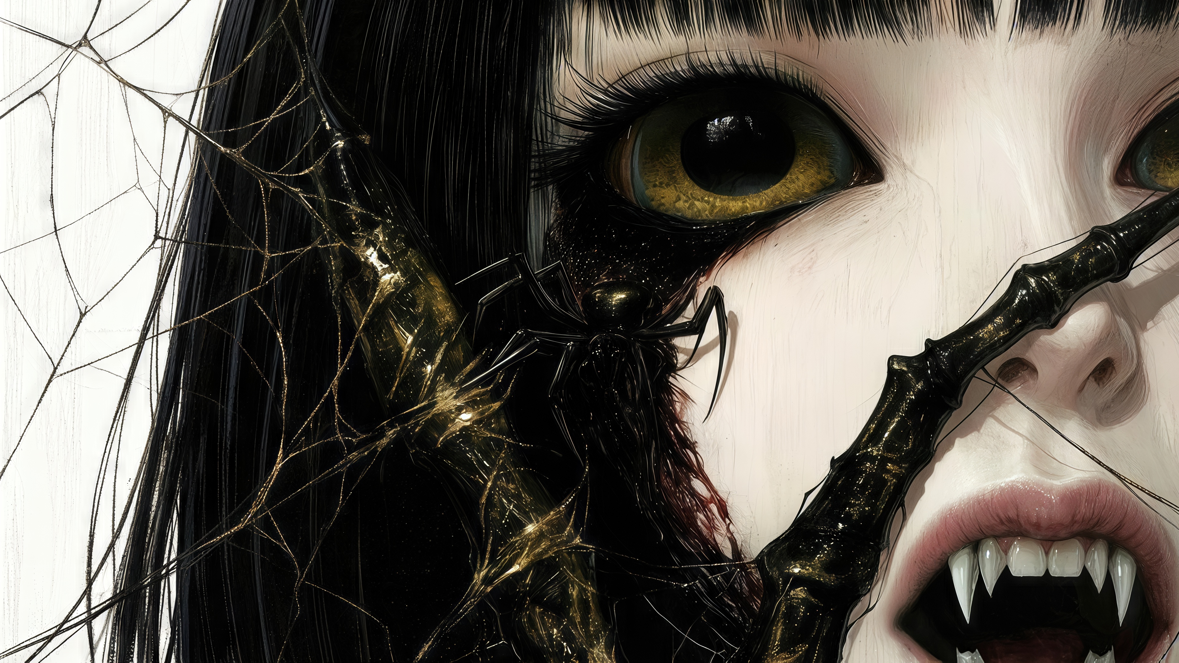 Free photo Horror-style art with the pale face of a vampire girl, cobwebs and piercing eyes in close-up.
