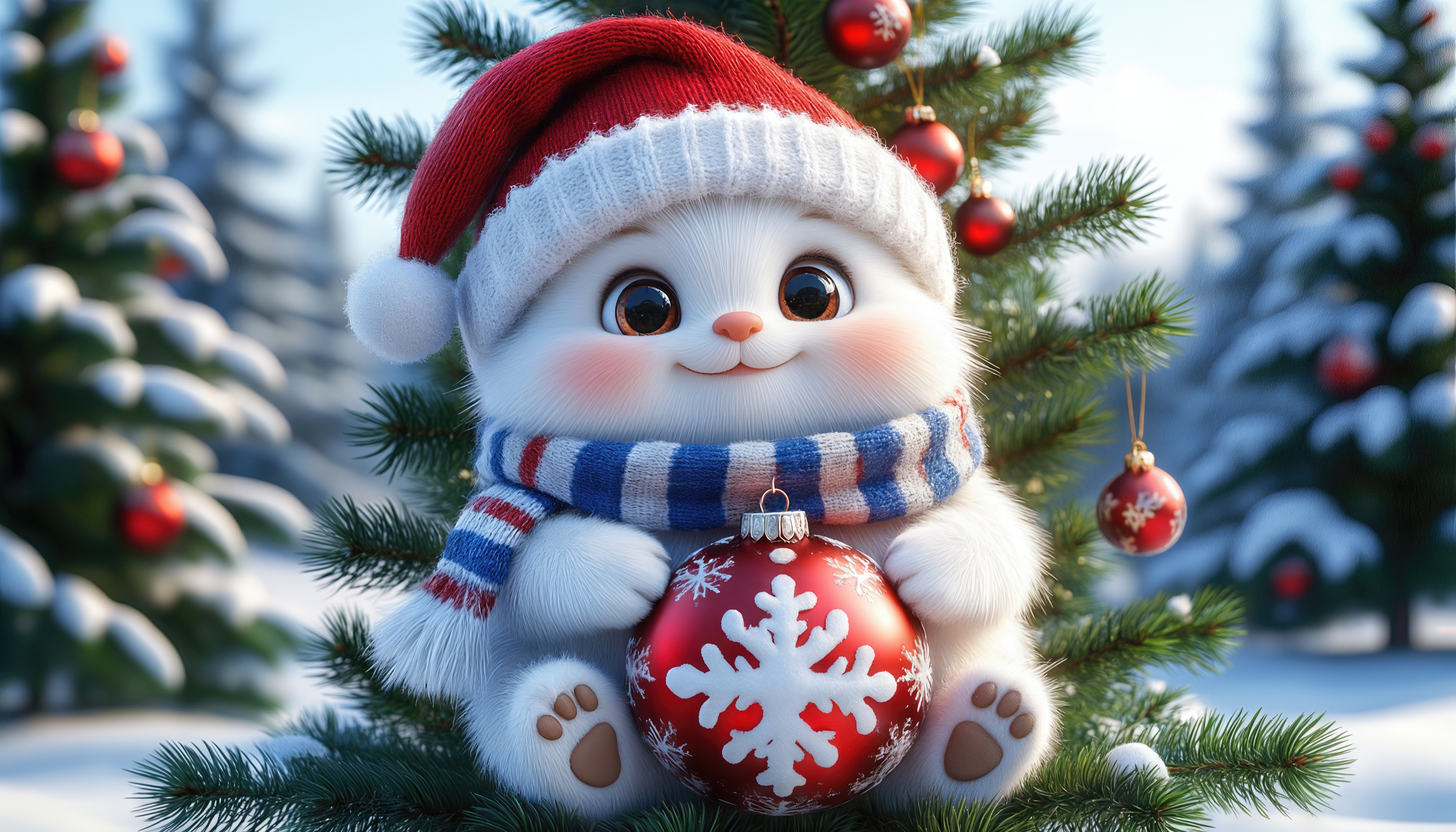 Бесплатное фото Симпатичный персонаж в зимней шапке у новогодней ёлки.