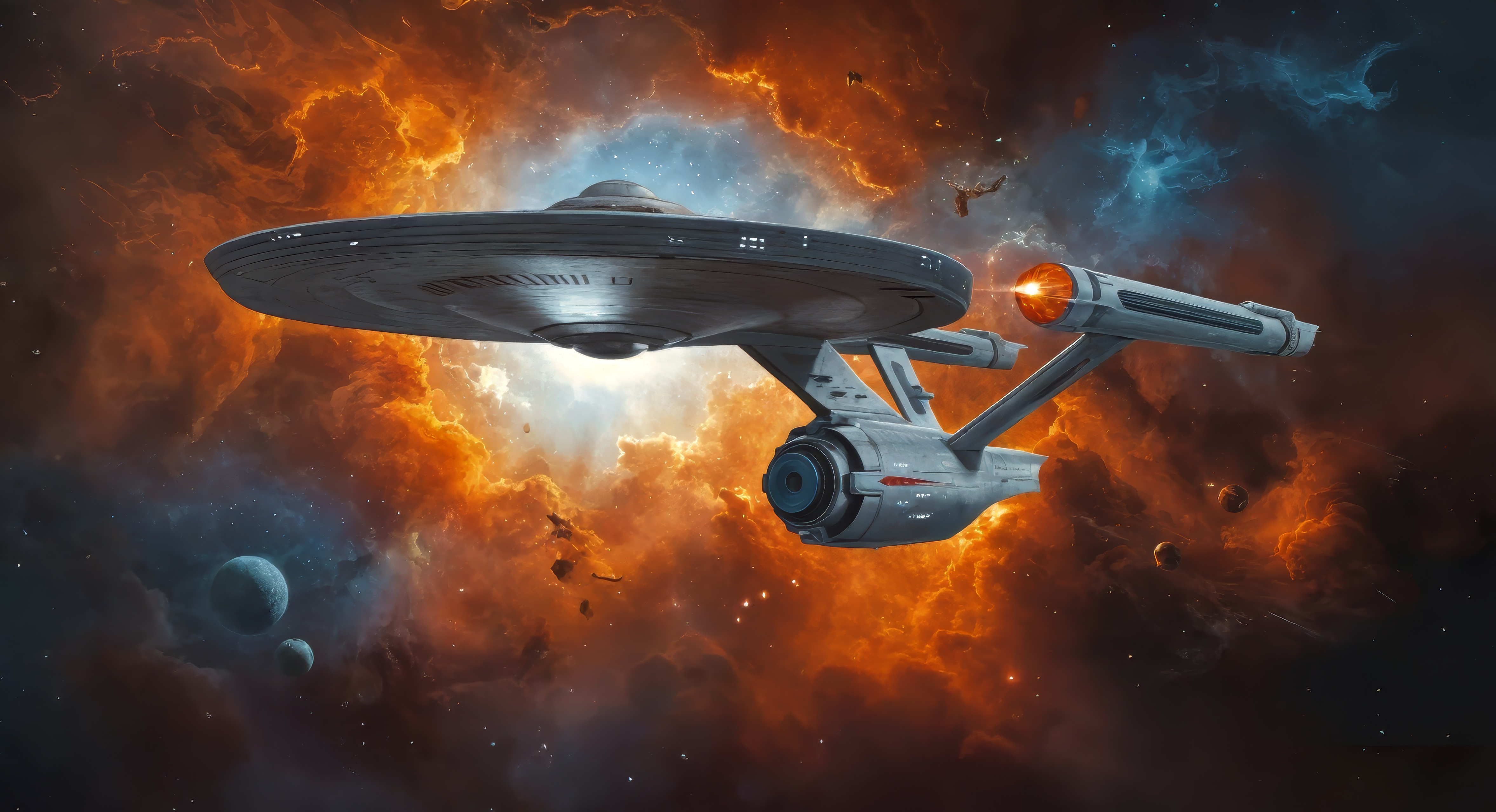 Корабль из Звездного пути, летящий через космос на фоне красных и оранжевых взрывающихся облаков.