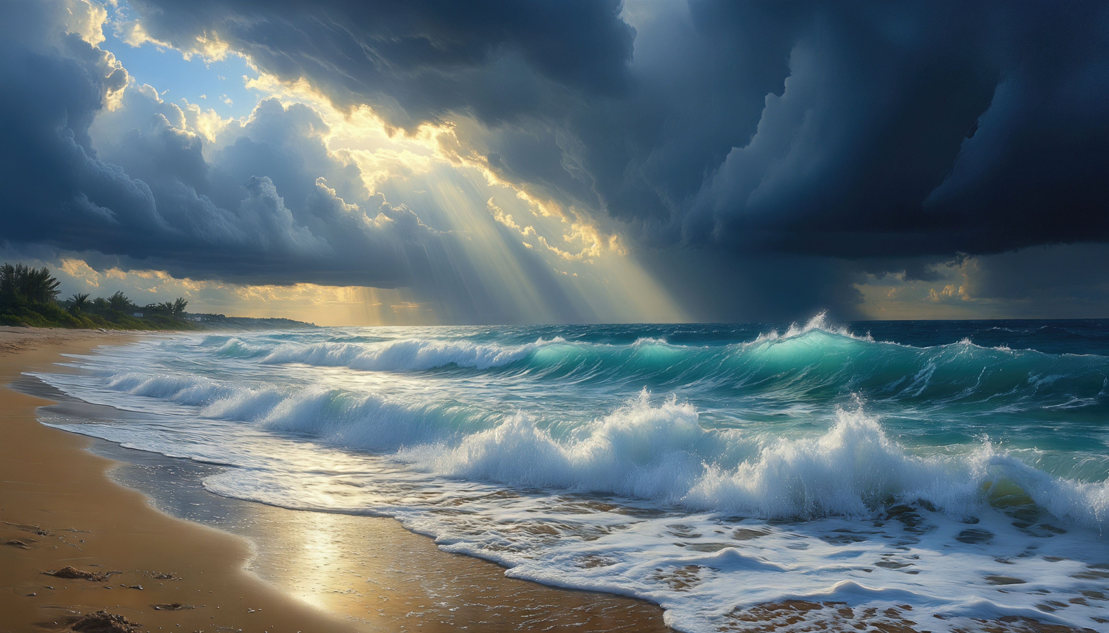 Free photo Powerful turquoise waves beat against the sandy shore under heavy thunderclouds.