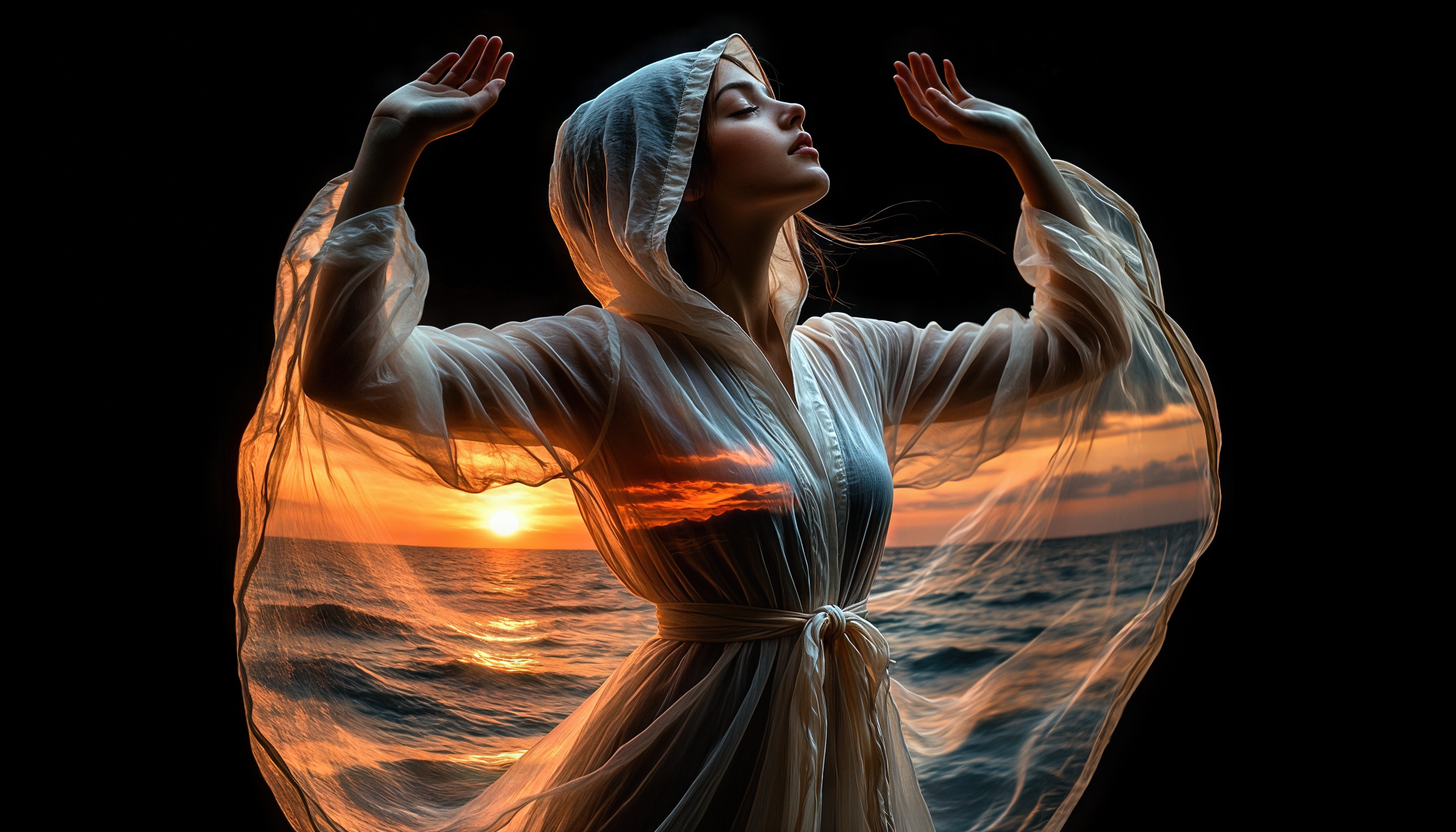 Бесплатное фото Девушка в белом платье на фоне заката у моря, подняв руки вверх, символизирует свободу и гармонию с природой.