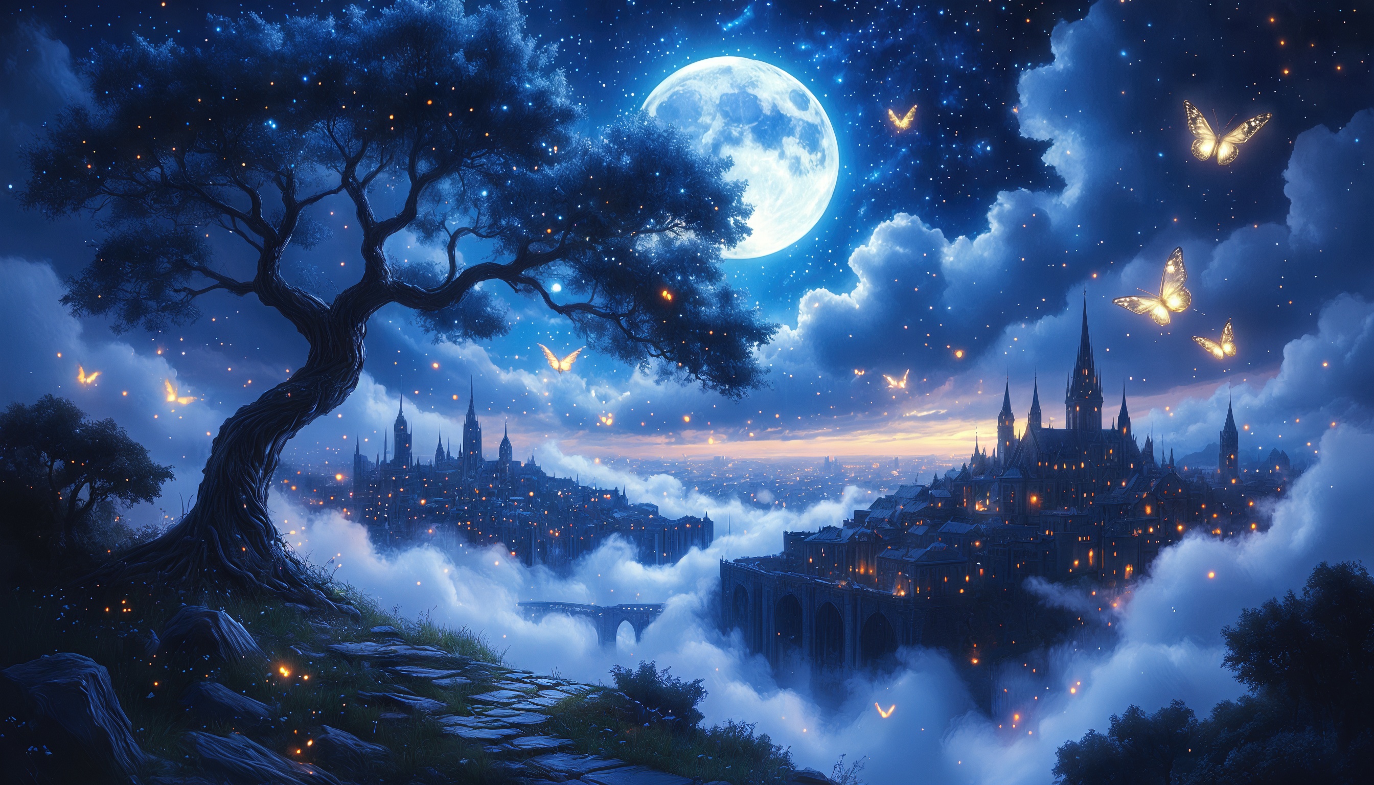 Бесплатное фото Волшебный пейзаж с деревом, светящимися бабочками и городом в облаках под звездным небом.