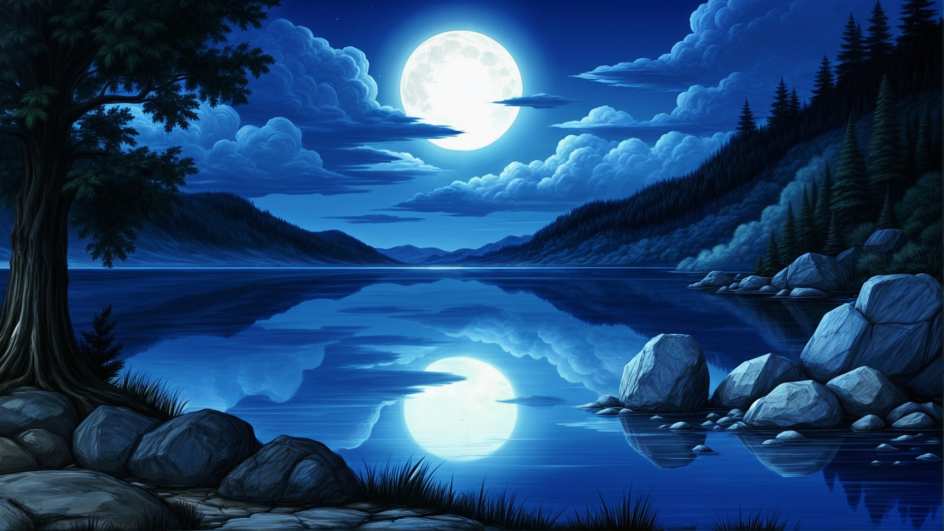 Бесплатное фото Пейзаж огромная луна над лесным озером