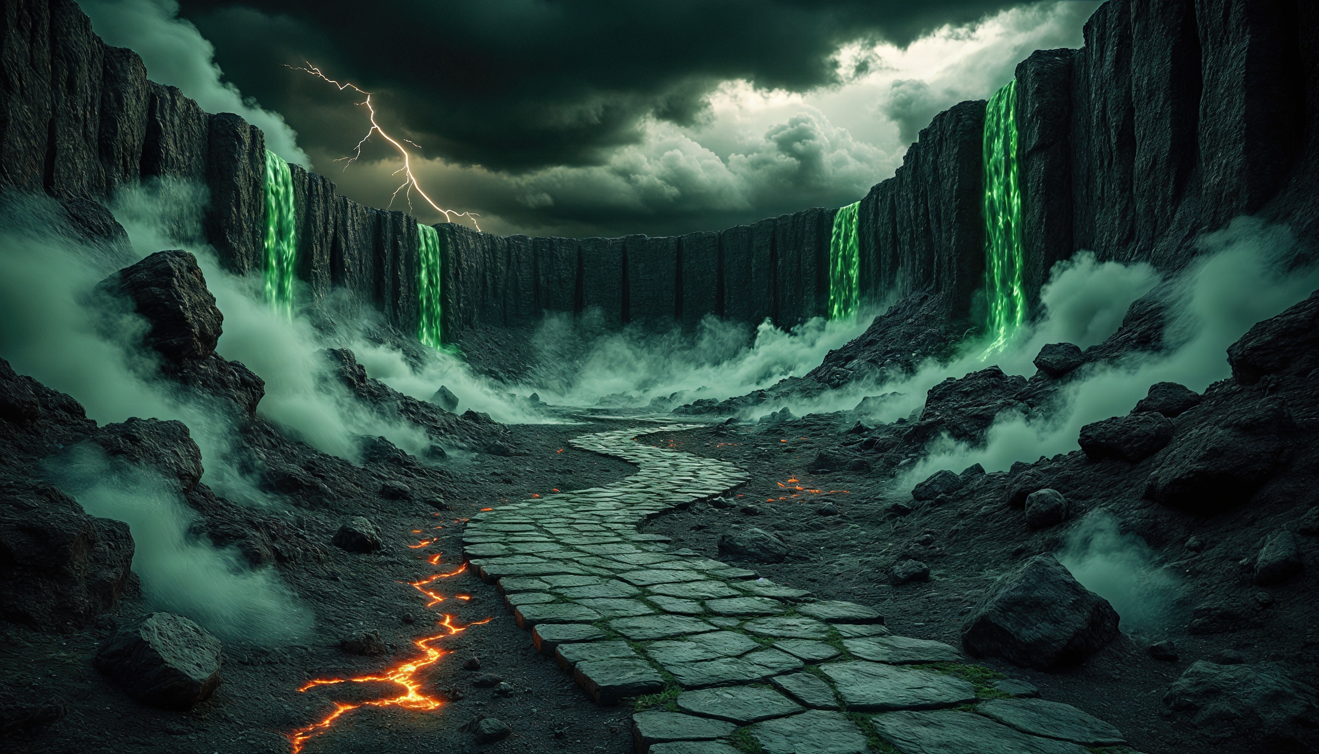 Дорога ведет через мрачный ландшафт с водопадами и лавой, создавая атмосферу фэнтезийной опасности.