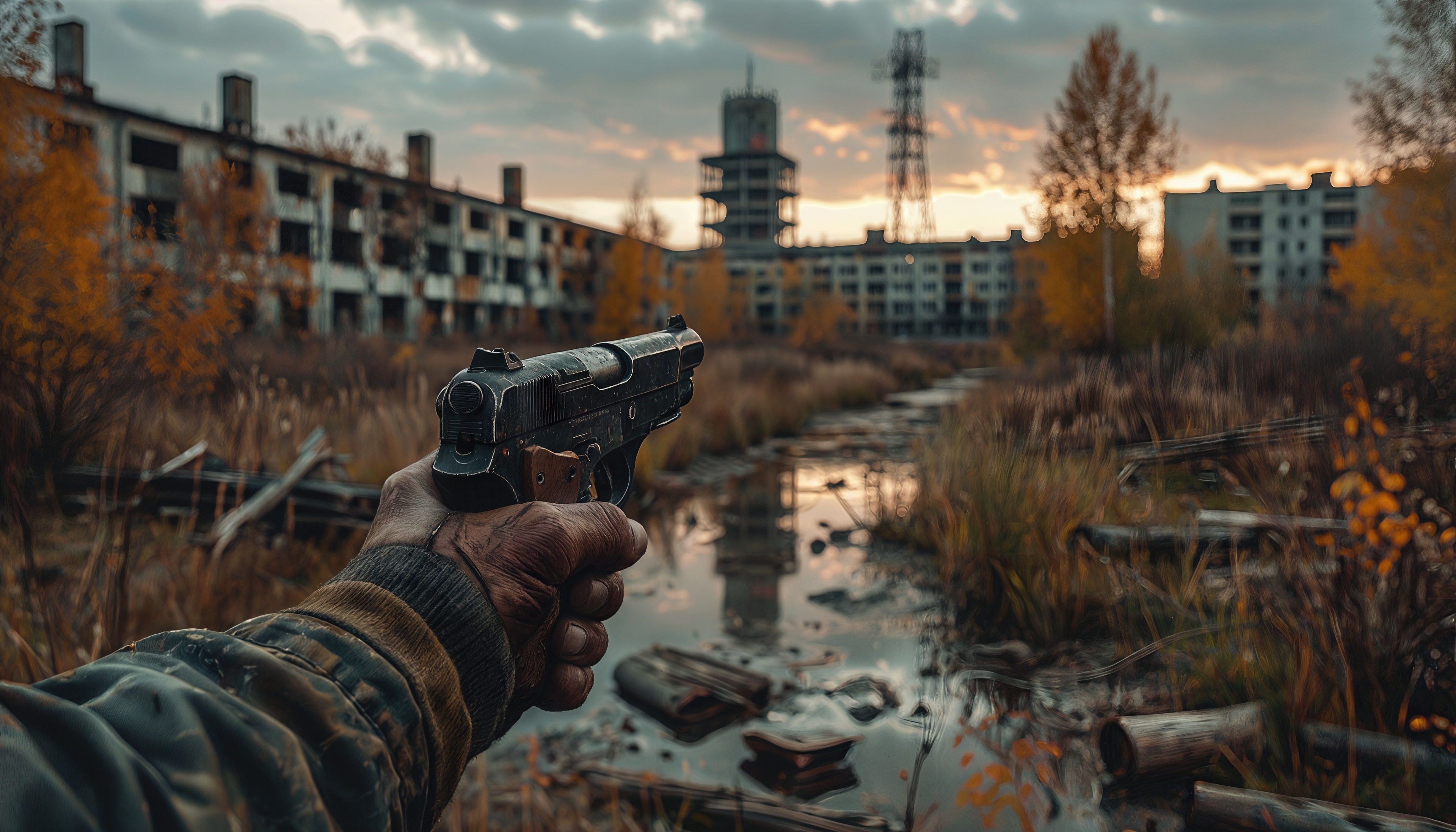 Рука с пистолетом на фоне заброшенного города, осенние деревья и мутная лужа создают атмосферу постапокалипсиса.
