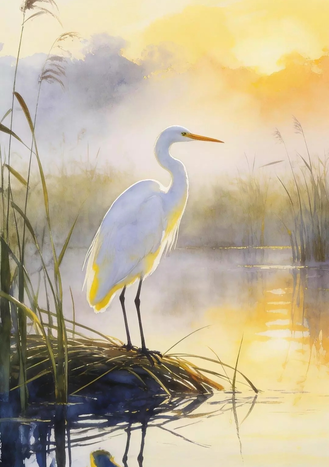 Белая цапля в камышах