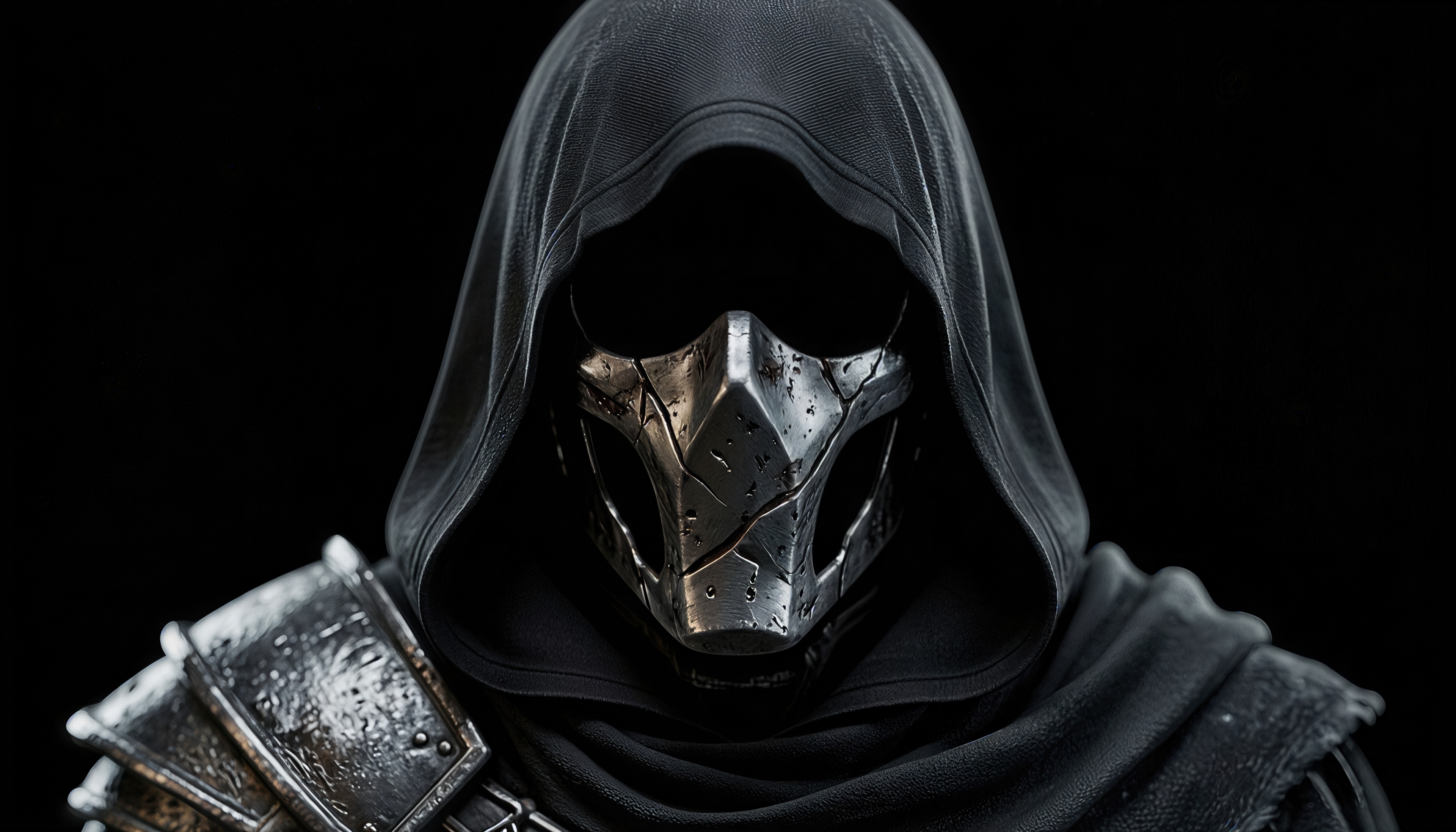 A mysterious warrior in a black hood and a scratched metal mask looks menacingly at a dark background.