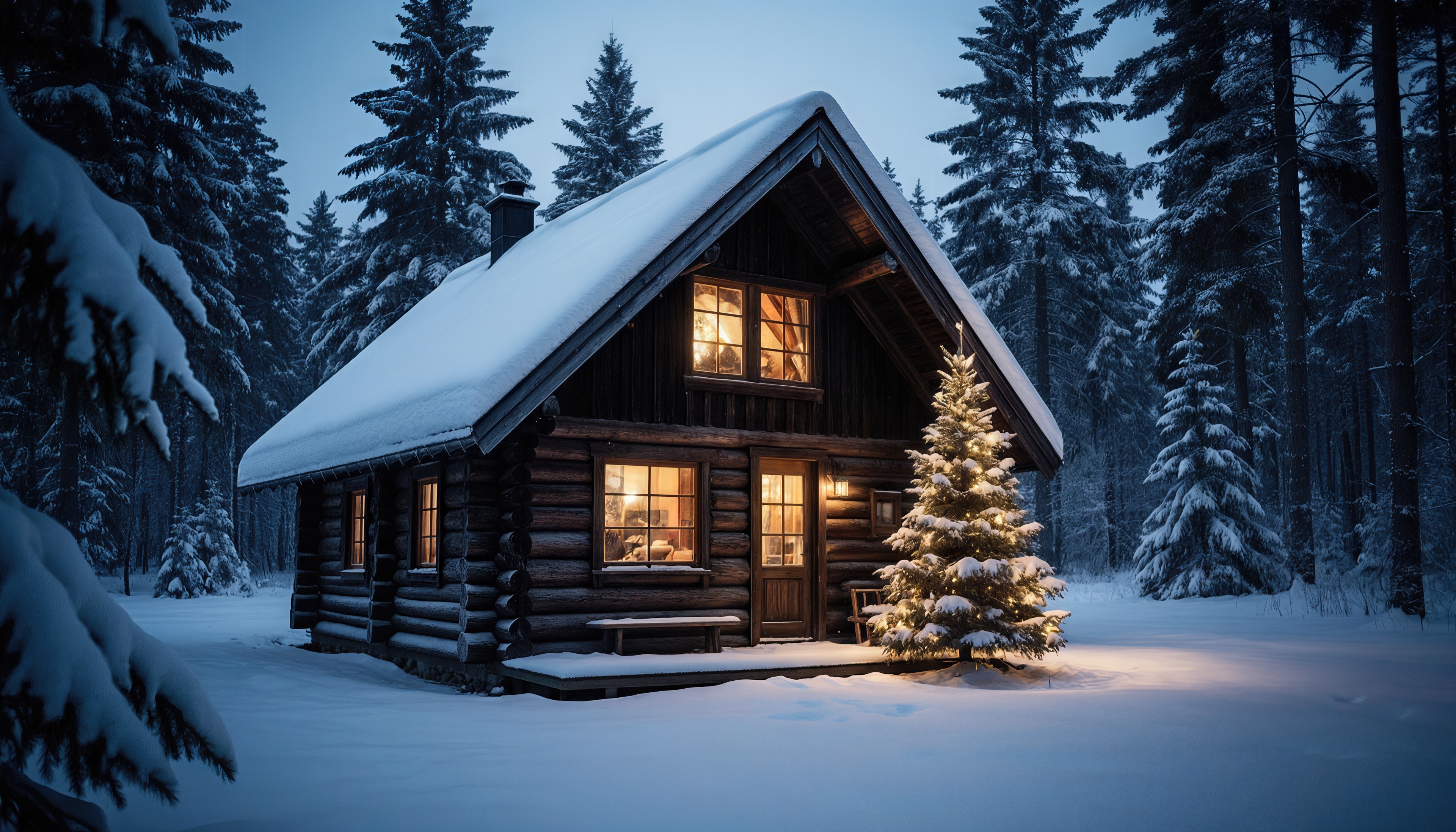 Бесплатное фото Уютный домик в зимнем лесу, согретый светом окон и украшенной ёлкой.