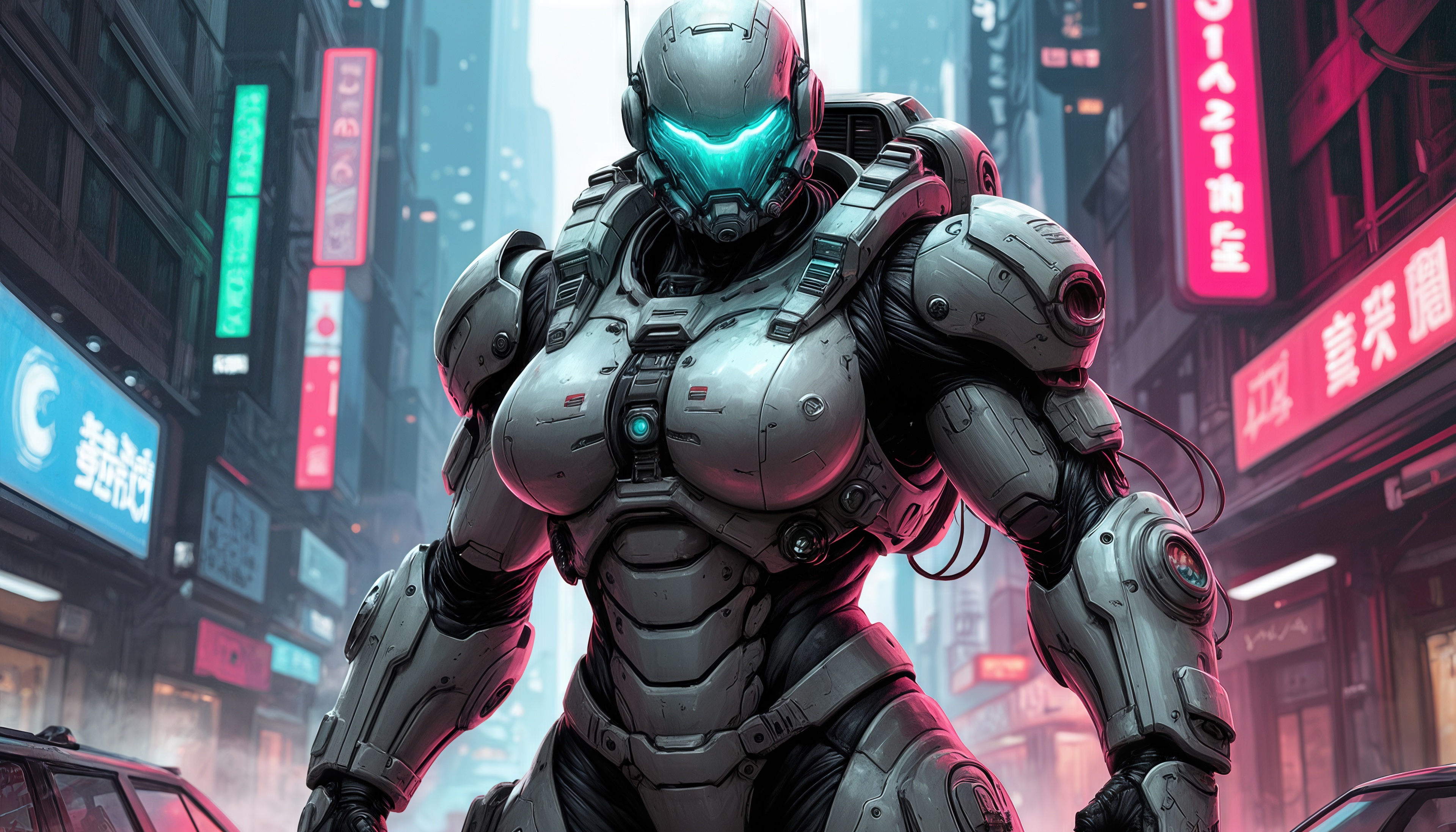 Free photo A cyber heroine in an exoskeleton patrols a neon metropolis.