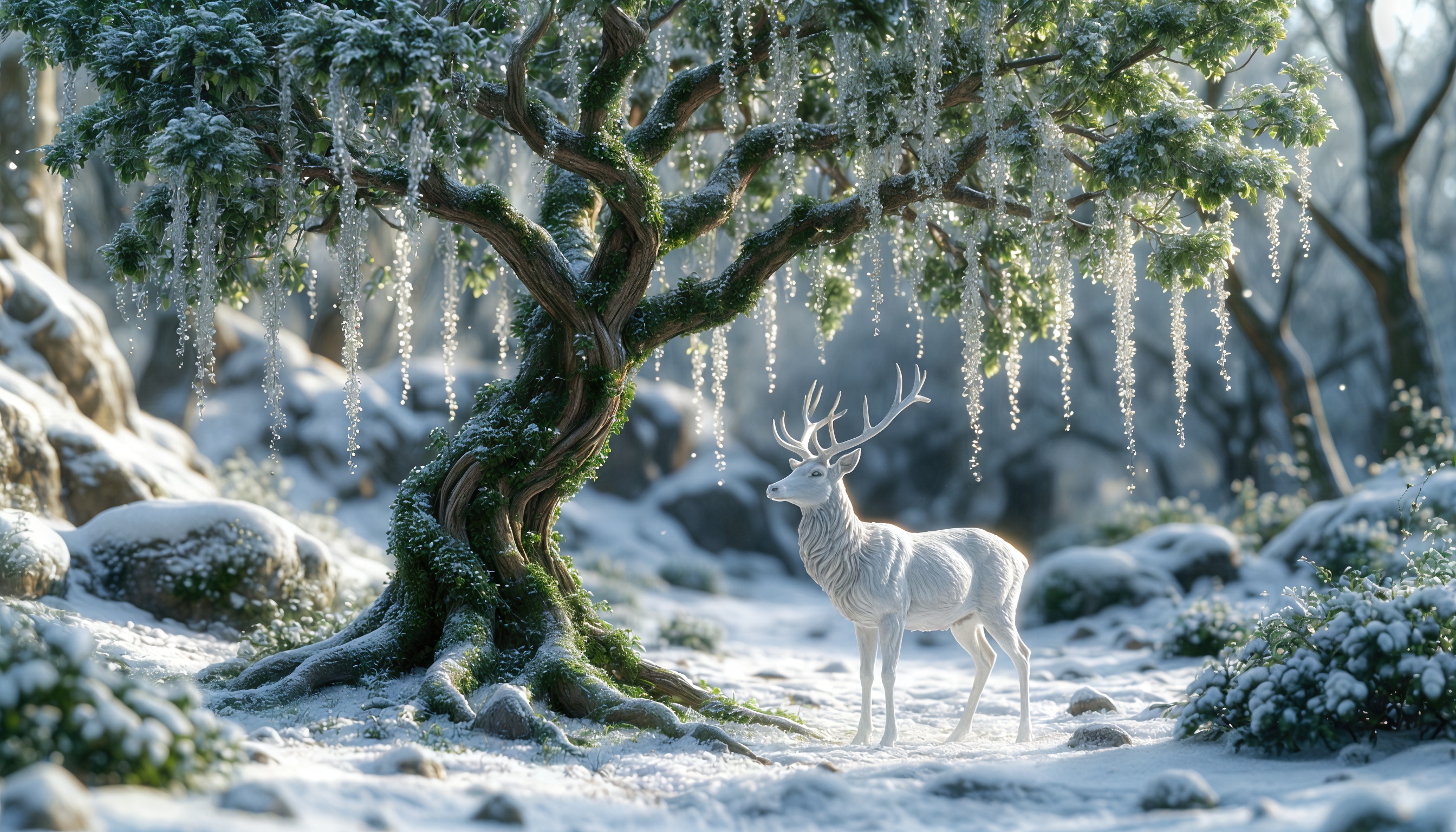 Бесплатное фото Зимний пейзаж с оленем на фоне заснеженного дерева, создающий атмосферу волшебства и фэнтези.