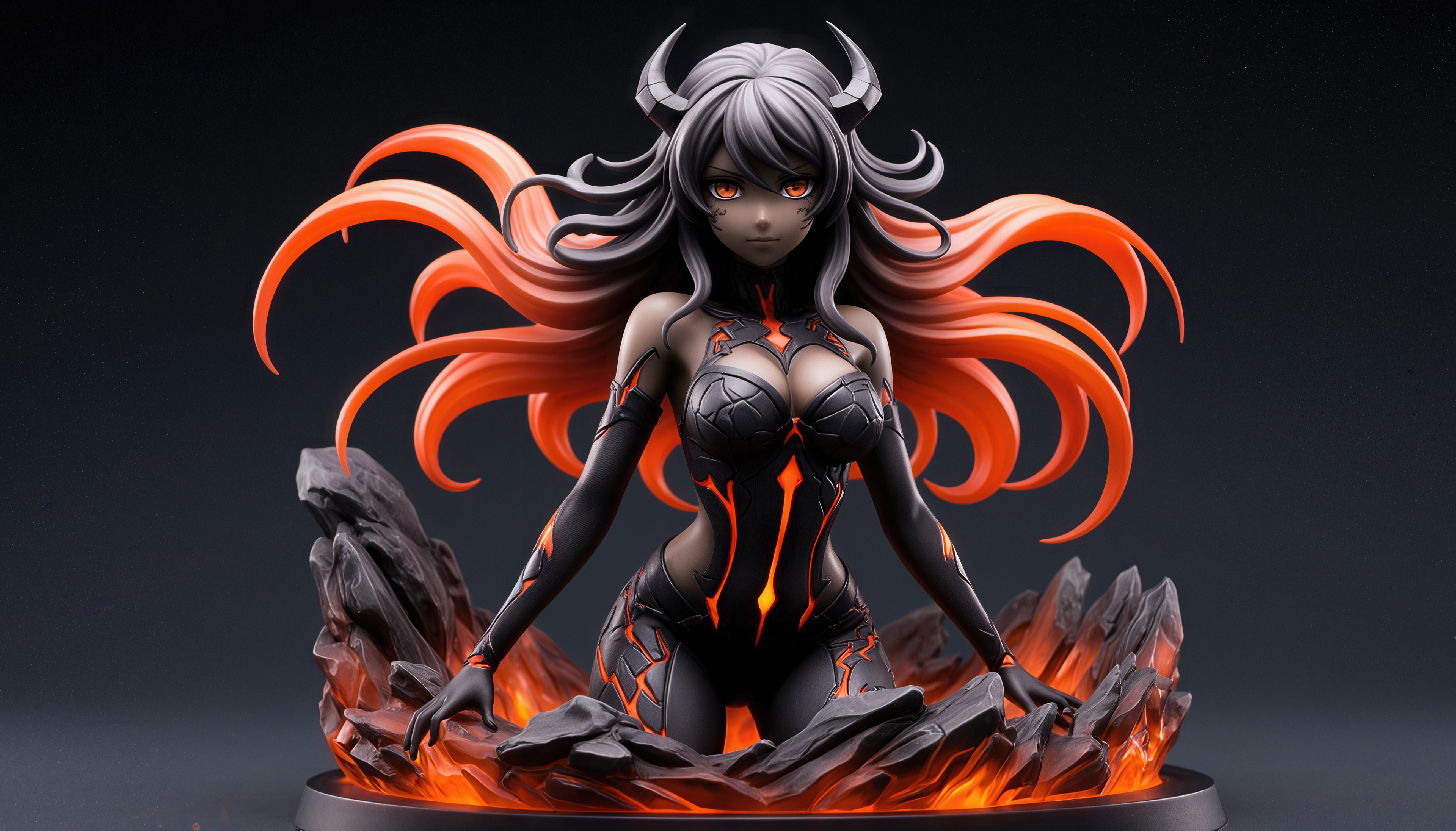 Free photo A demoness with fiery hair sits on red-hot rocks, radiating power.