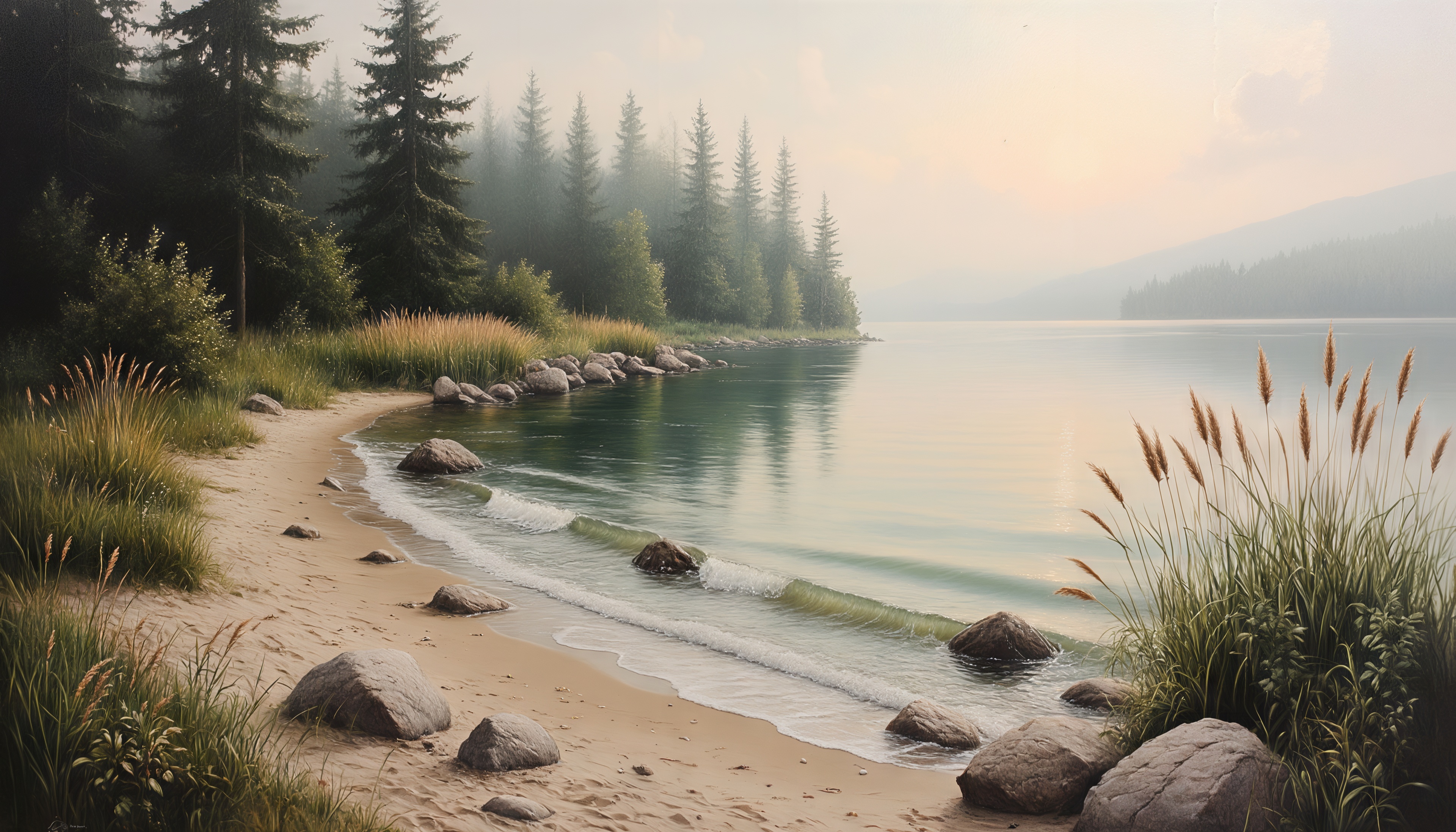 Бесплатное фото Спокойный берег озера, окружённый хвойным лесом и горами.