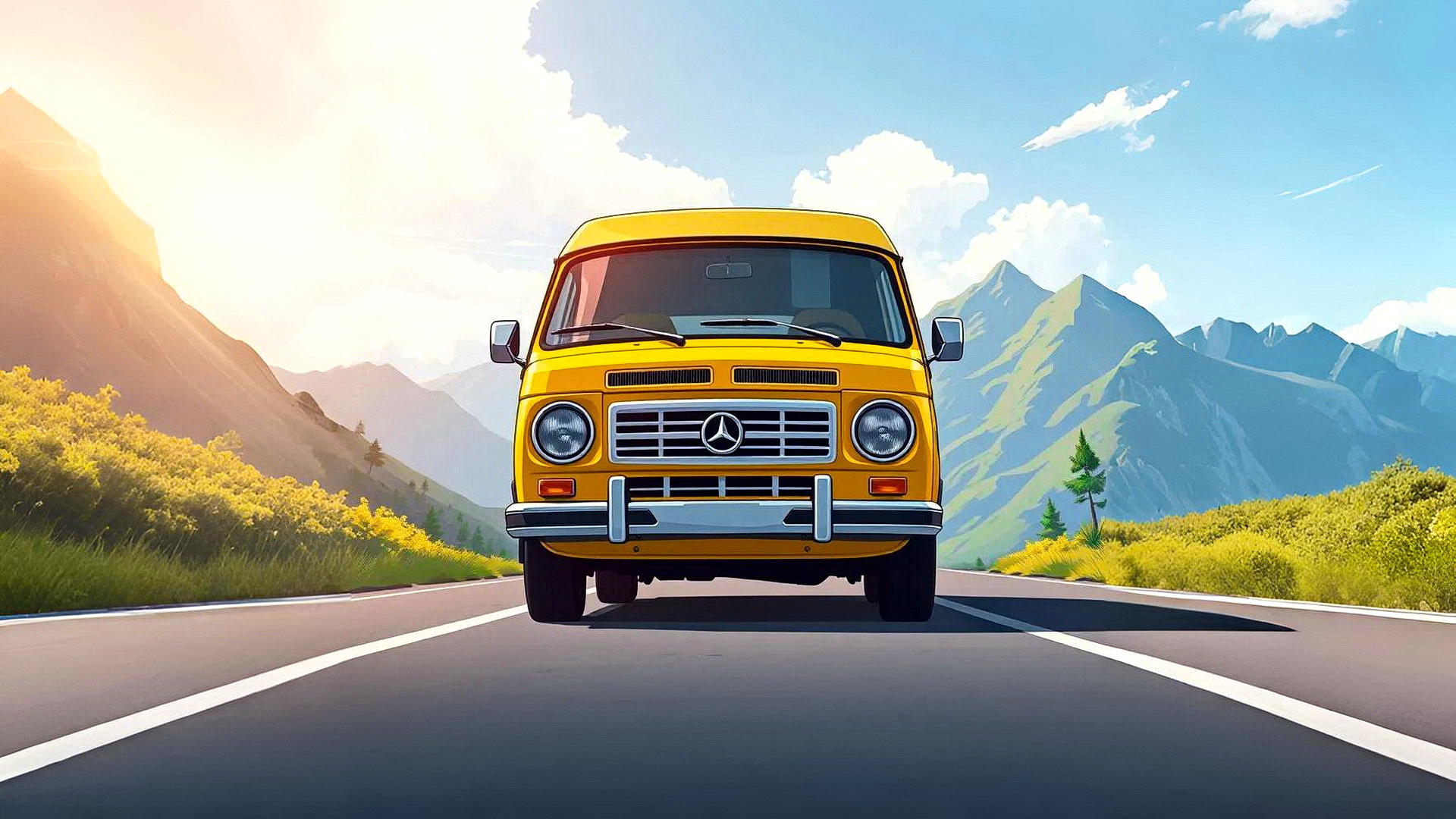 一辆黄色面包车停在路上