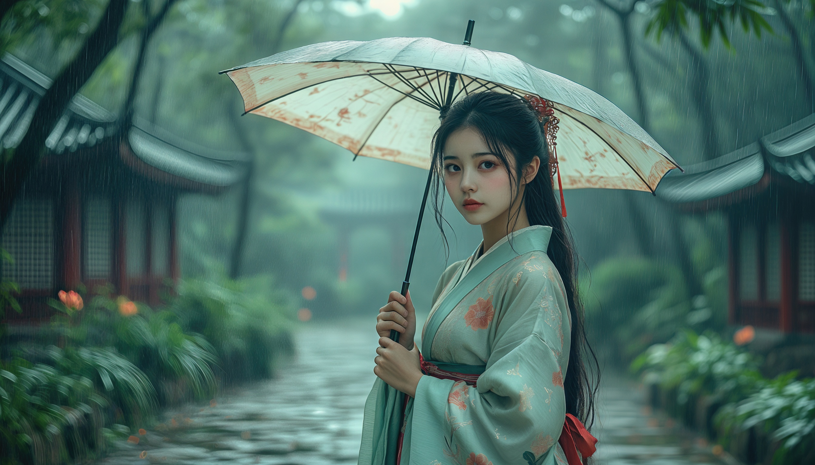 Free photo A girl in a hanbok with floral ornaments holds an umbrella, admiring the rainy garden.