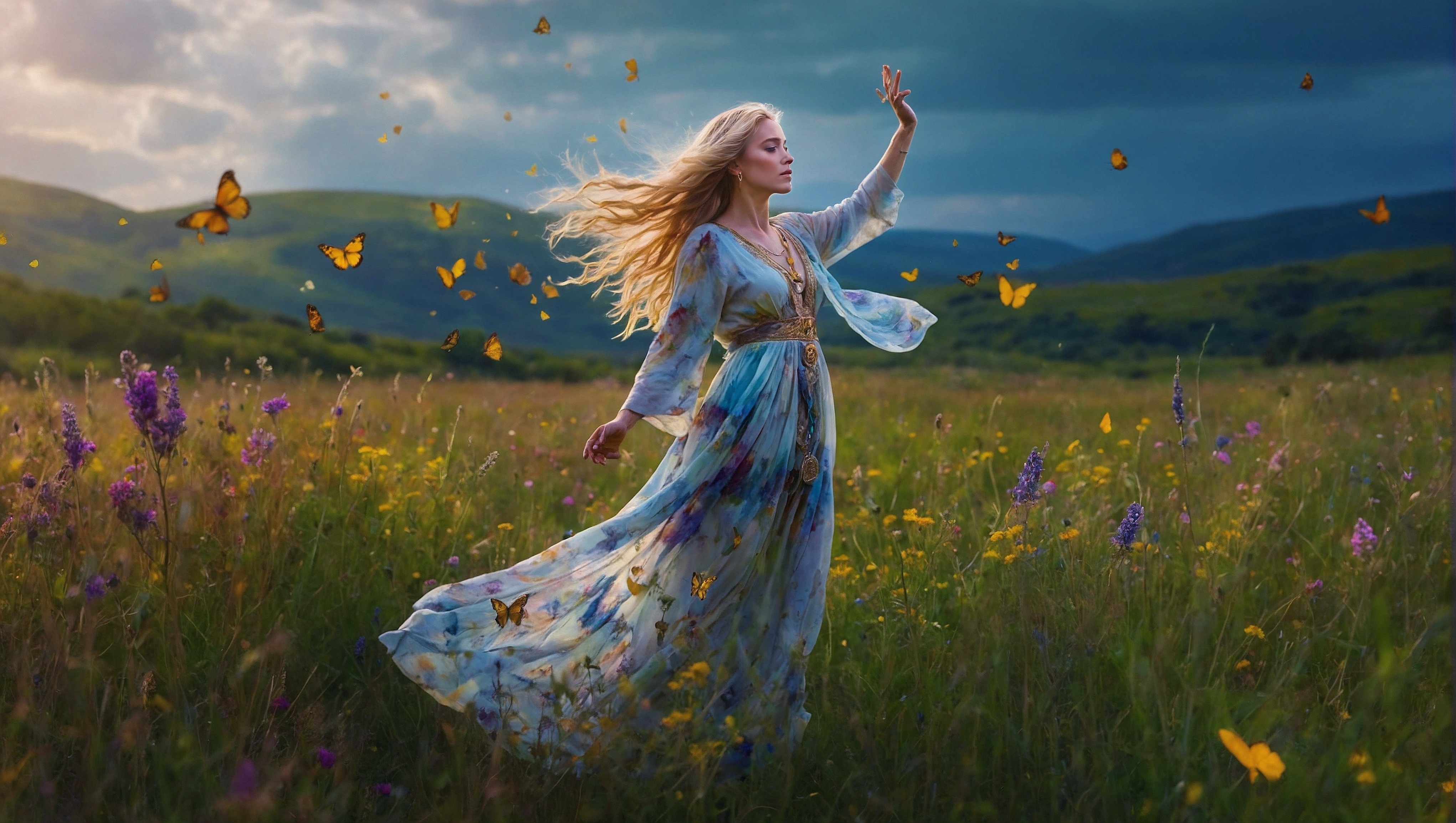 Free photo A woman dressed in blue is in the middle of a field with many flowers