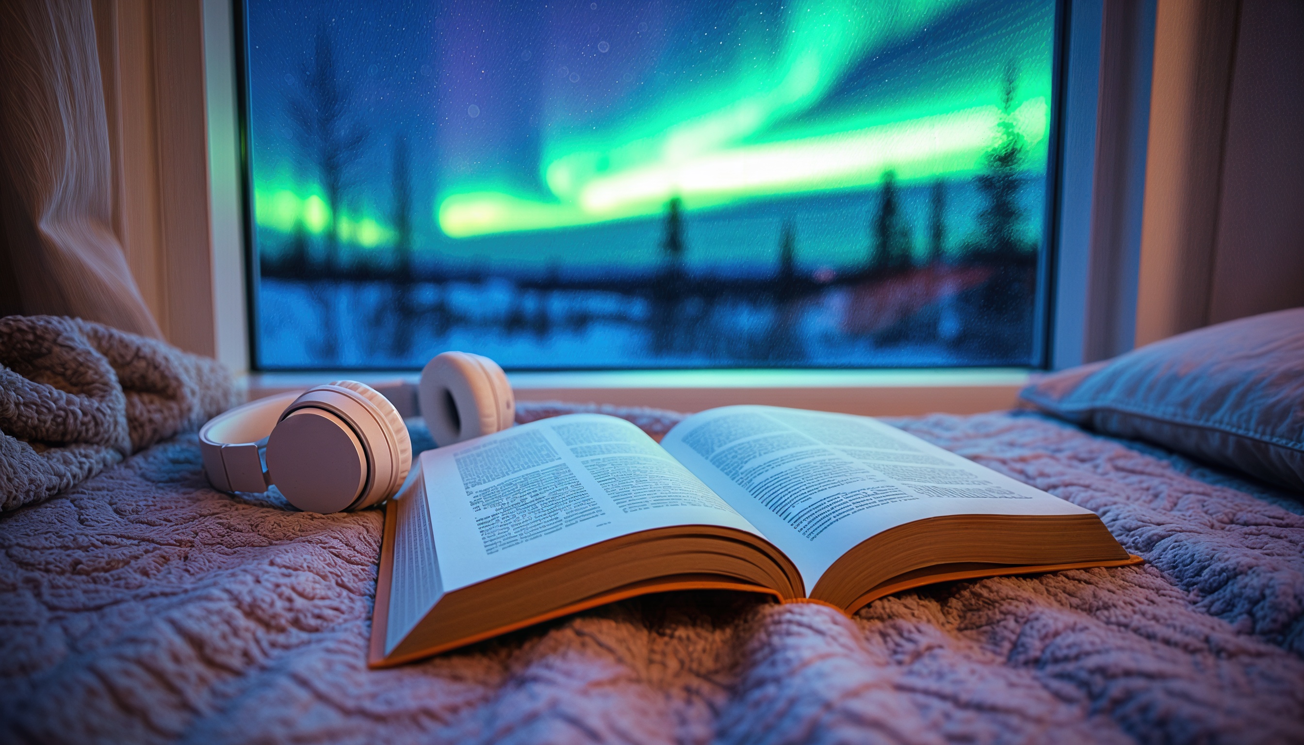 Бесплатное фото Уютный уголок для чтения с книгой и наушниками на кровати, за окном - ночное северное сияние.
