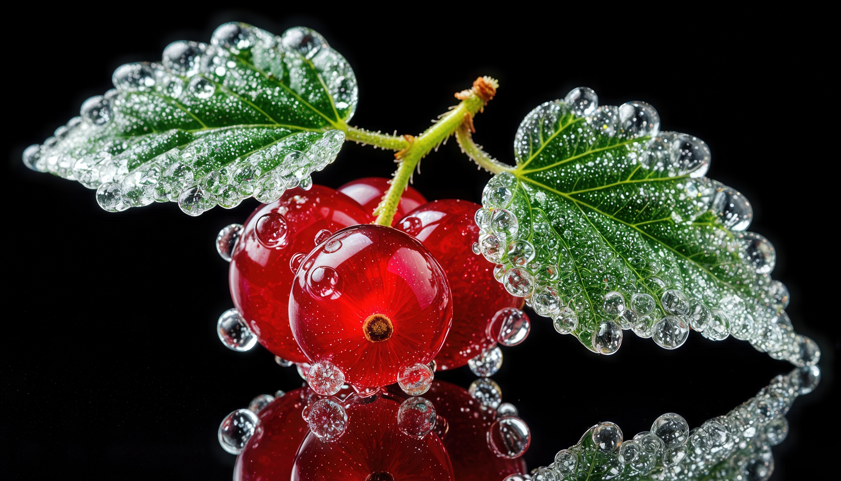 免费照片黑色背景上，红色楸树浆果挂满枝头，树叶上布满水珠。