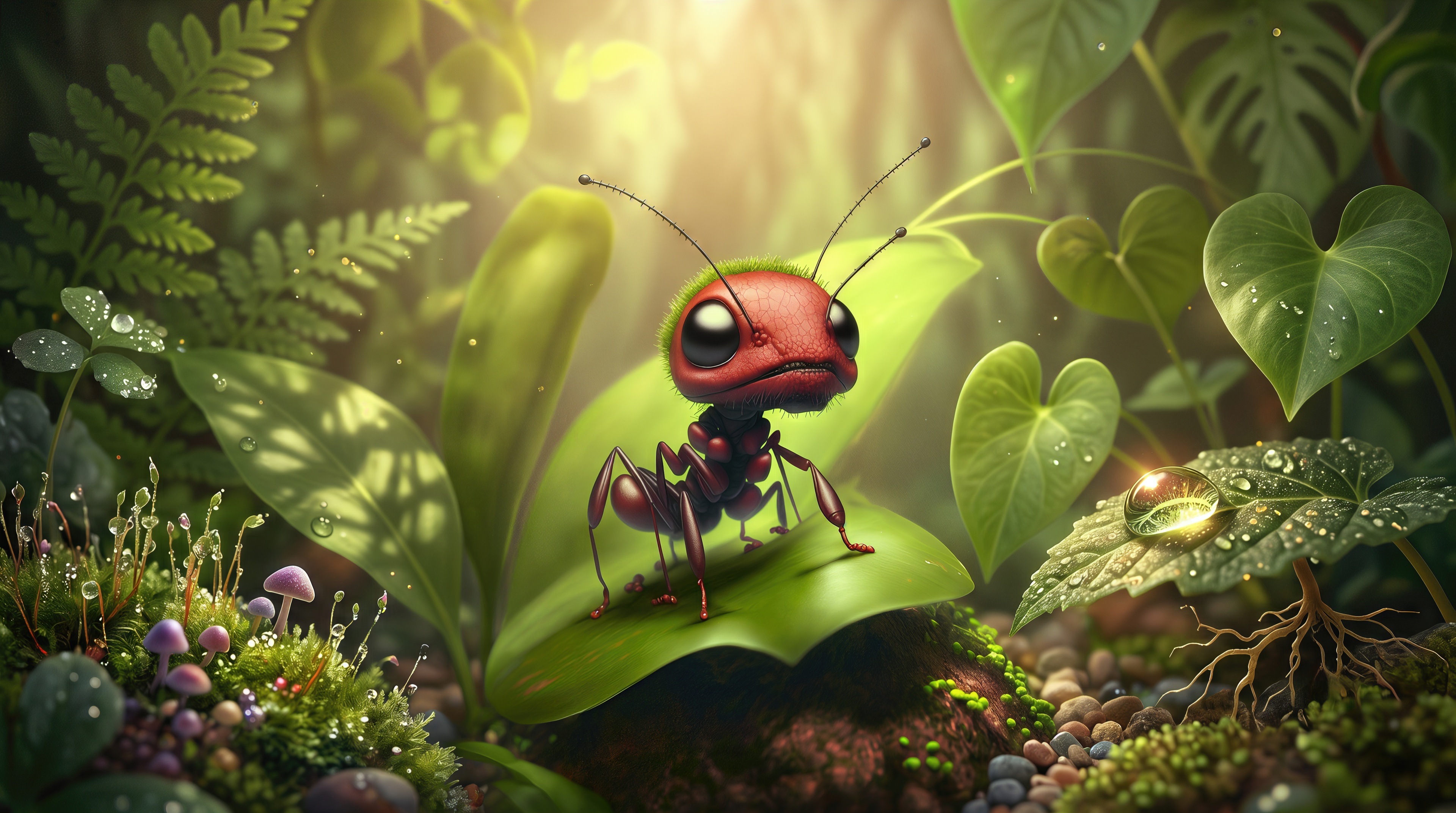 A cute ant with big eyes sits on a green leaf surrounded by dew drops and mushrooms, a magical forest landscape.