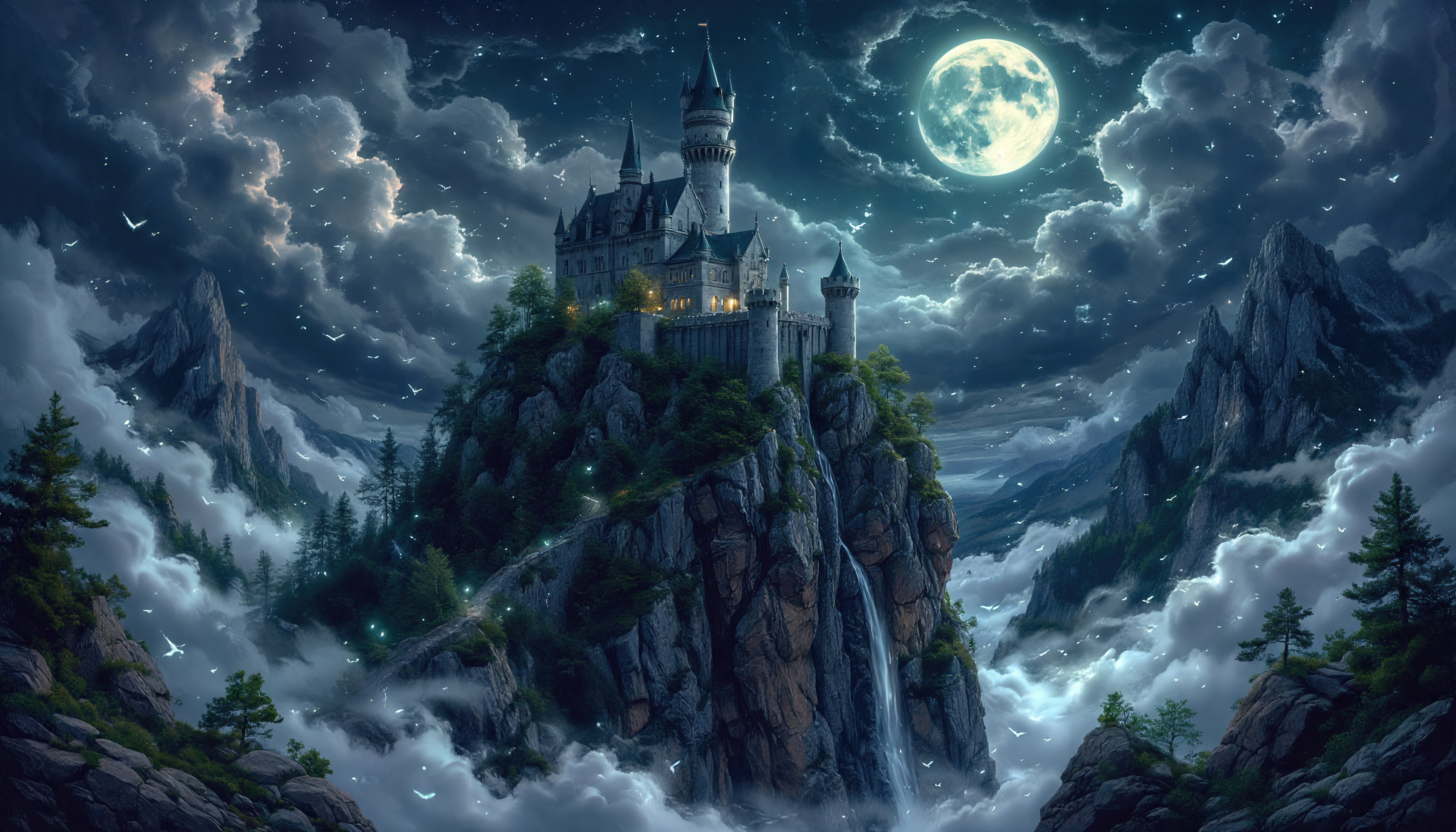 Бесплатное фото Мистический замок среди гор, окутанный облаками и лунным светом.