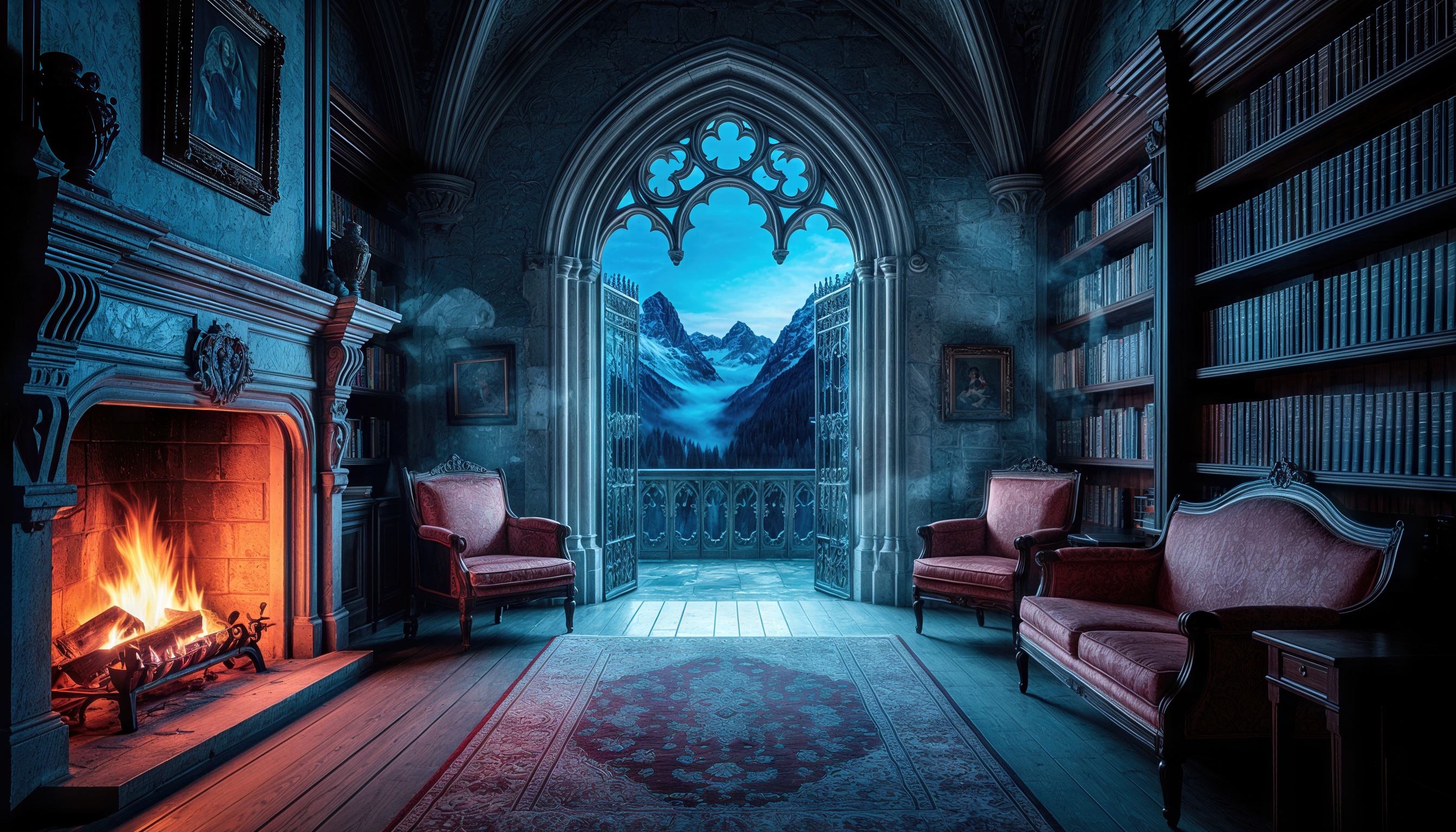 哥特式风格的房间，配有壁炉，并可俯瞰群山。