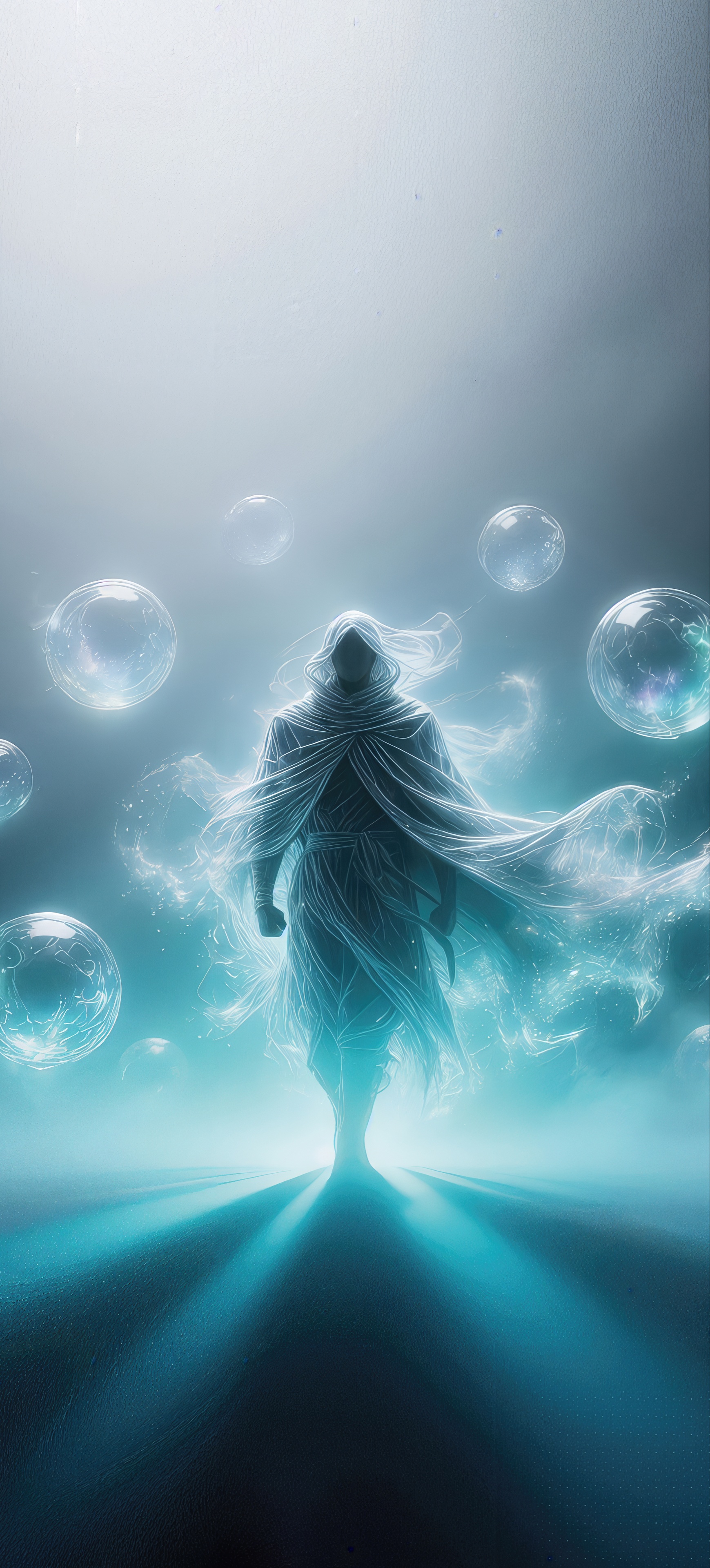 Free photo A mysterious wanderer in a luminous hood walks through the fog surrounded by transparent floating spheres and magical energy.