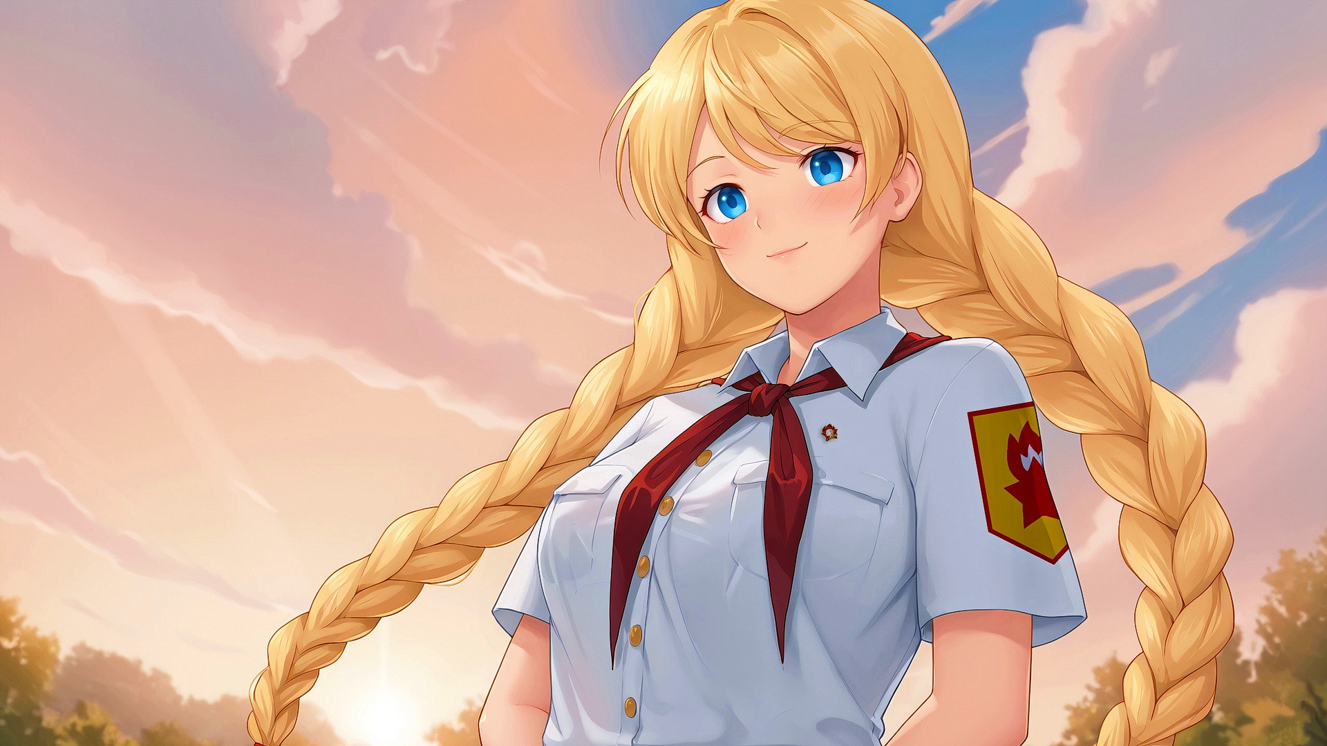 Бесплатное фото Славя в пионерской форме на фоне природы игра бесконечное лето