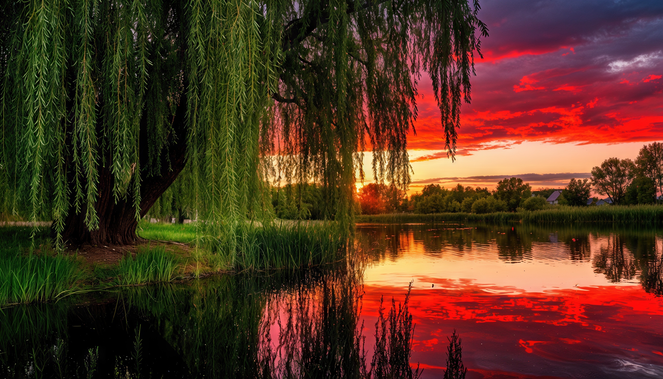 Плакучая ива создаёт гармоничную и умиротворённую картину природы своим отражением в реке на фоне заката.