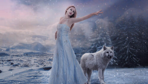 Обои девушка и волк зима снег на рабочий стол