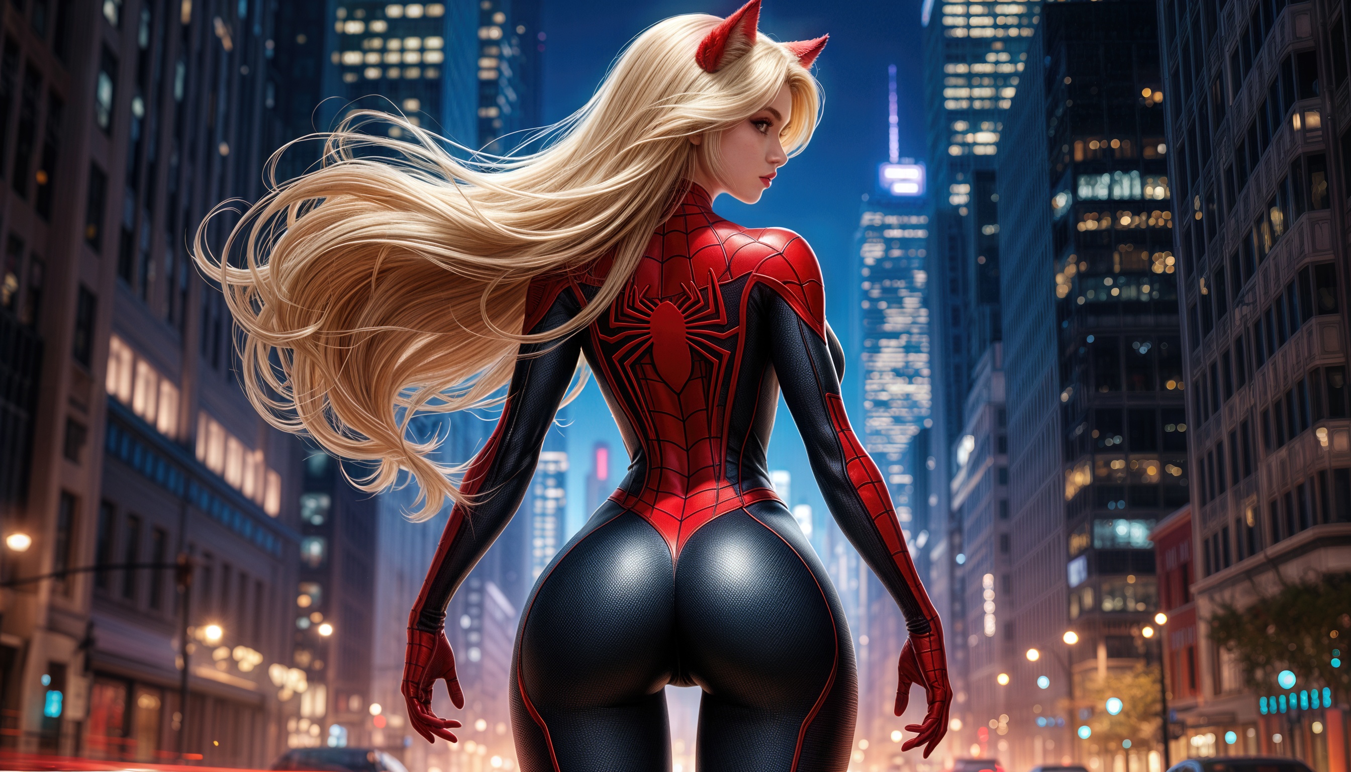 Бесплатное фото Гвен Стейси из комиксов Marvel Comics с красными ушками в красно-черном костюме.