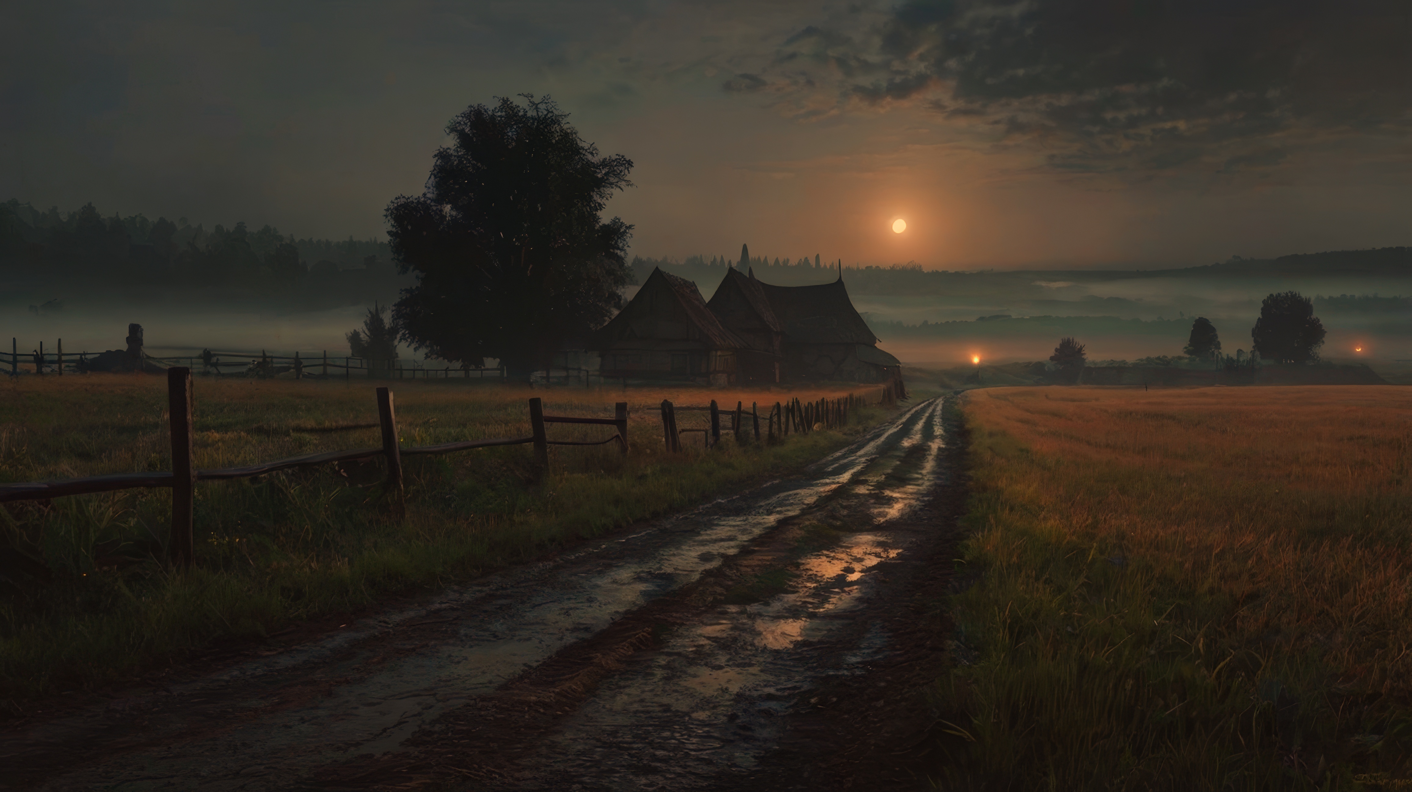 Бесплатное фото Открытая проселочная дорога с заходящим вдалеке солнцем