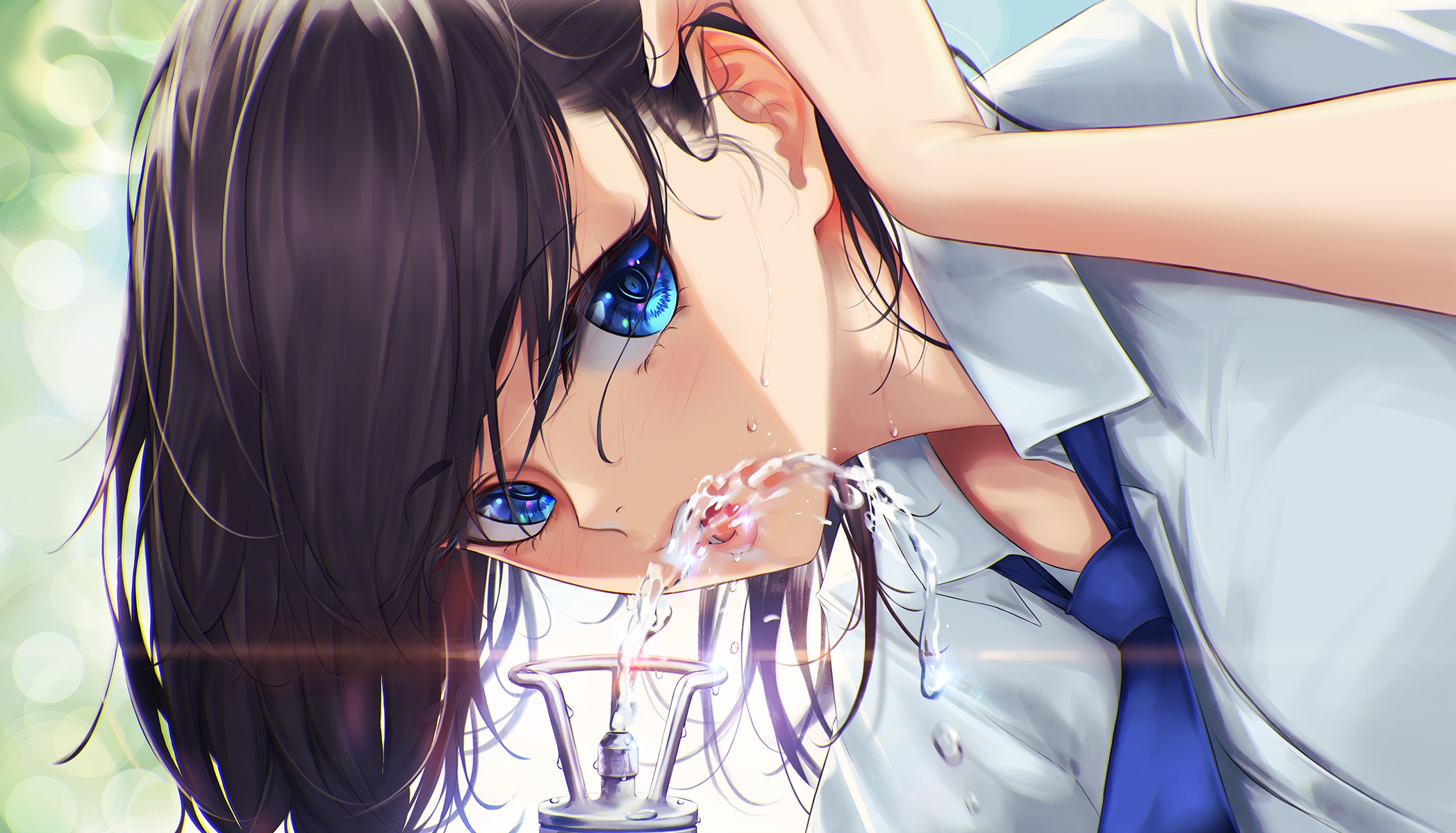 Wallpapers wallpaper beautiful anime girl water fountain school uniform on the desktop