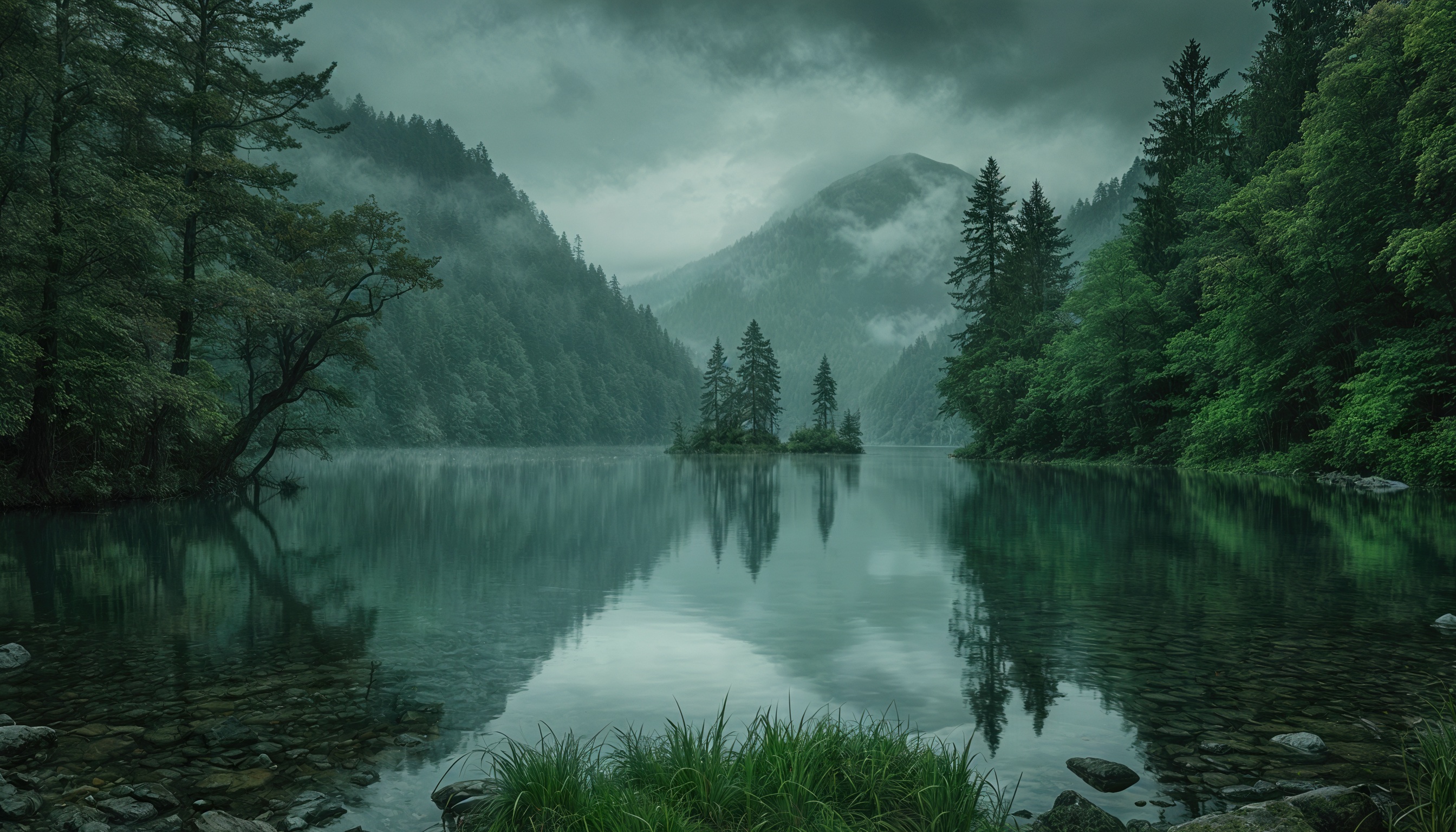 Бесплатное фото Озеро в горах, окруженное лесом, с отражением в воде и облачным небом.