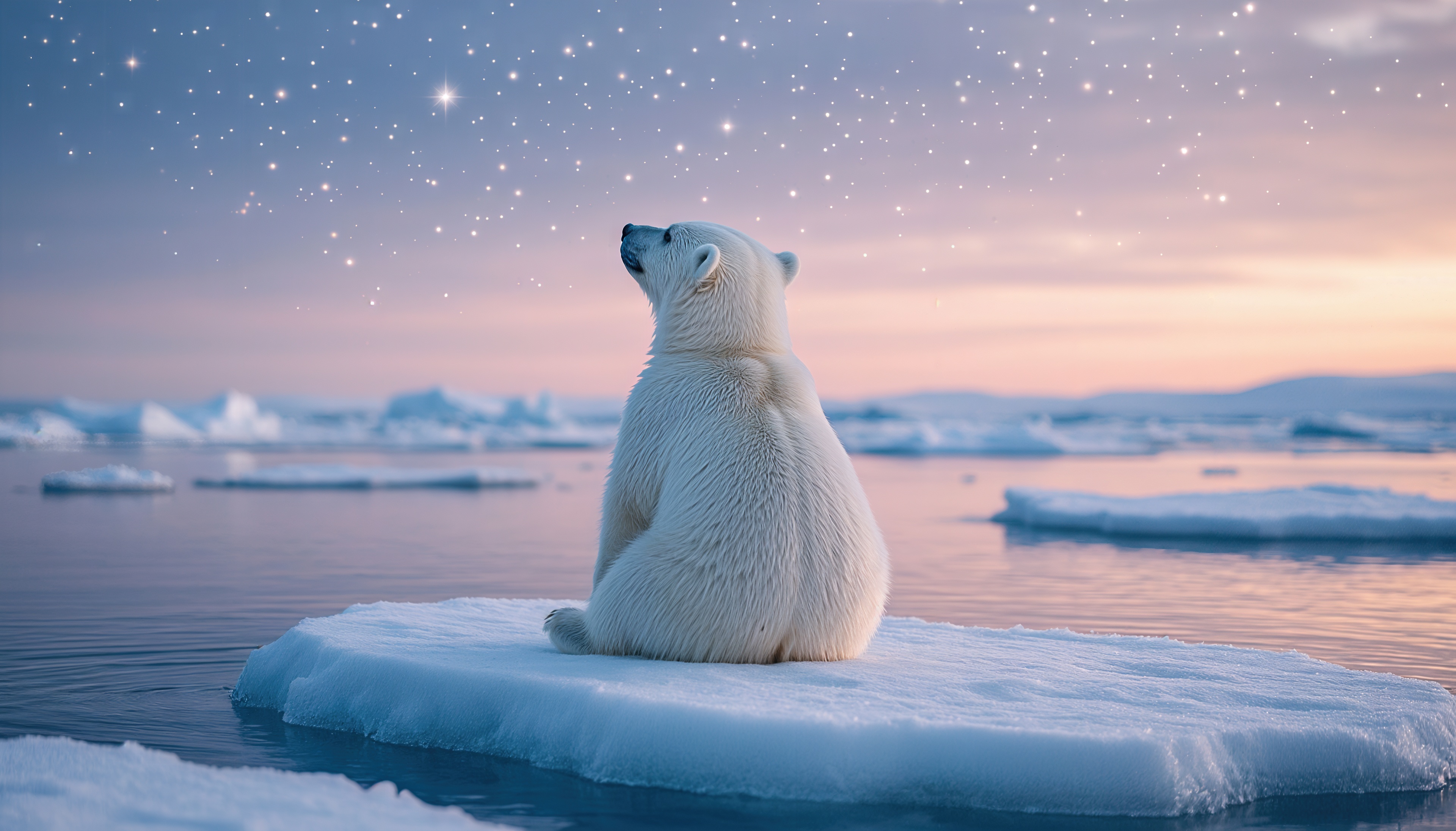 Бесплатное фото Белый медведь созерцает звёздное небо, сидя на льдине.