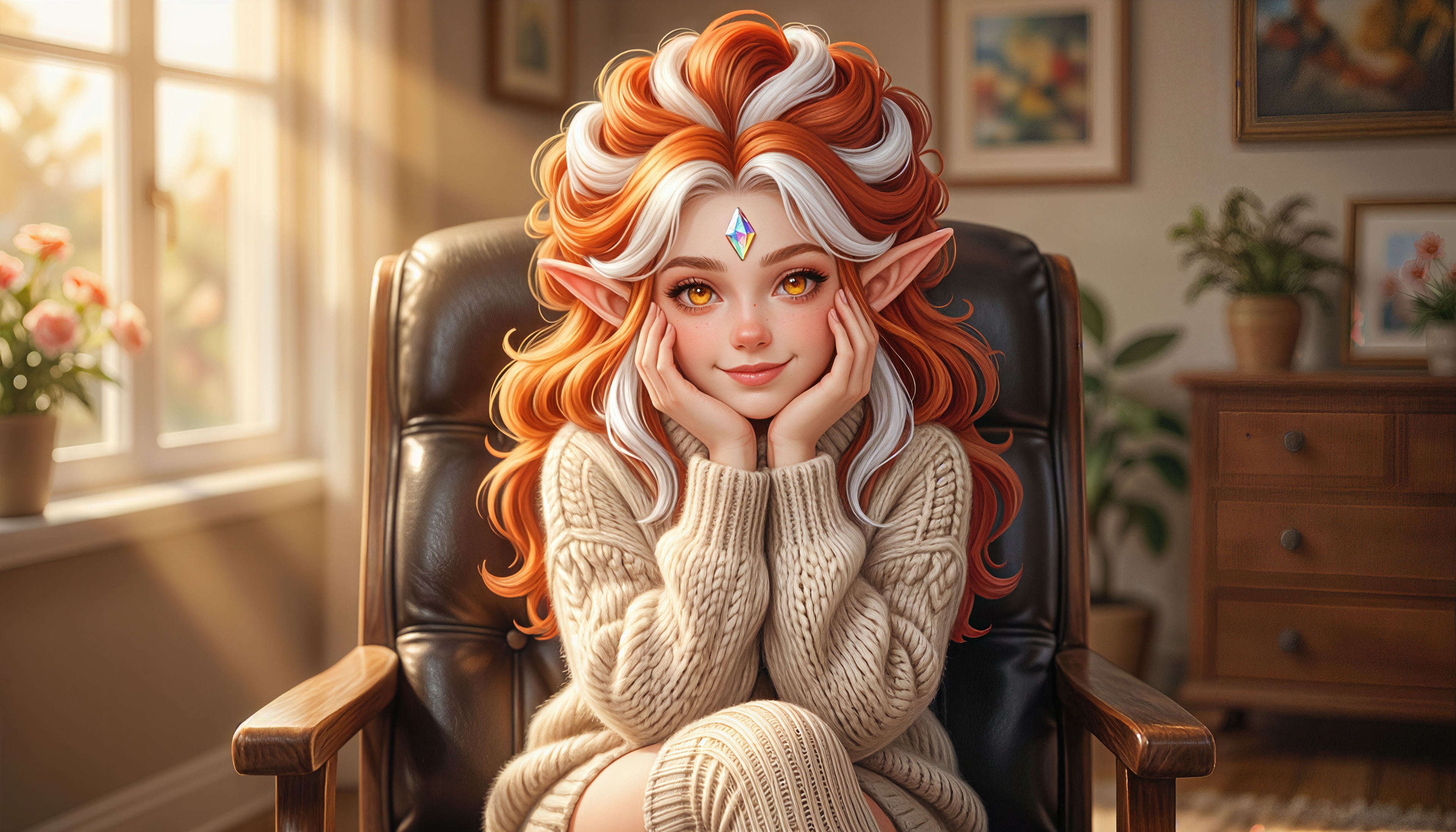 Free photo A charming red-haired elf in a cozy knitted sweater is smiling sweetly in a leather armchair.