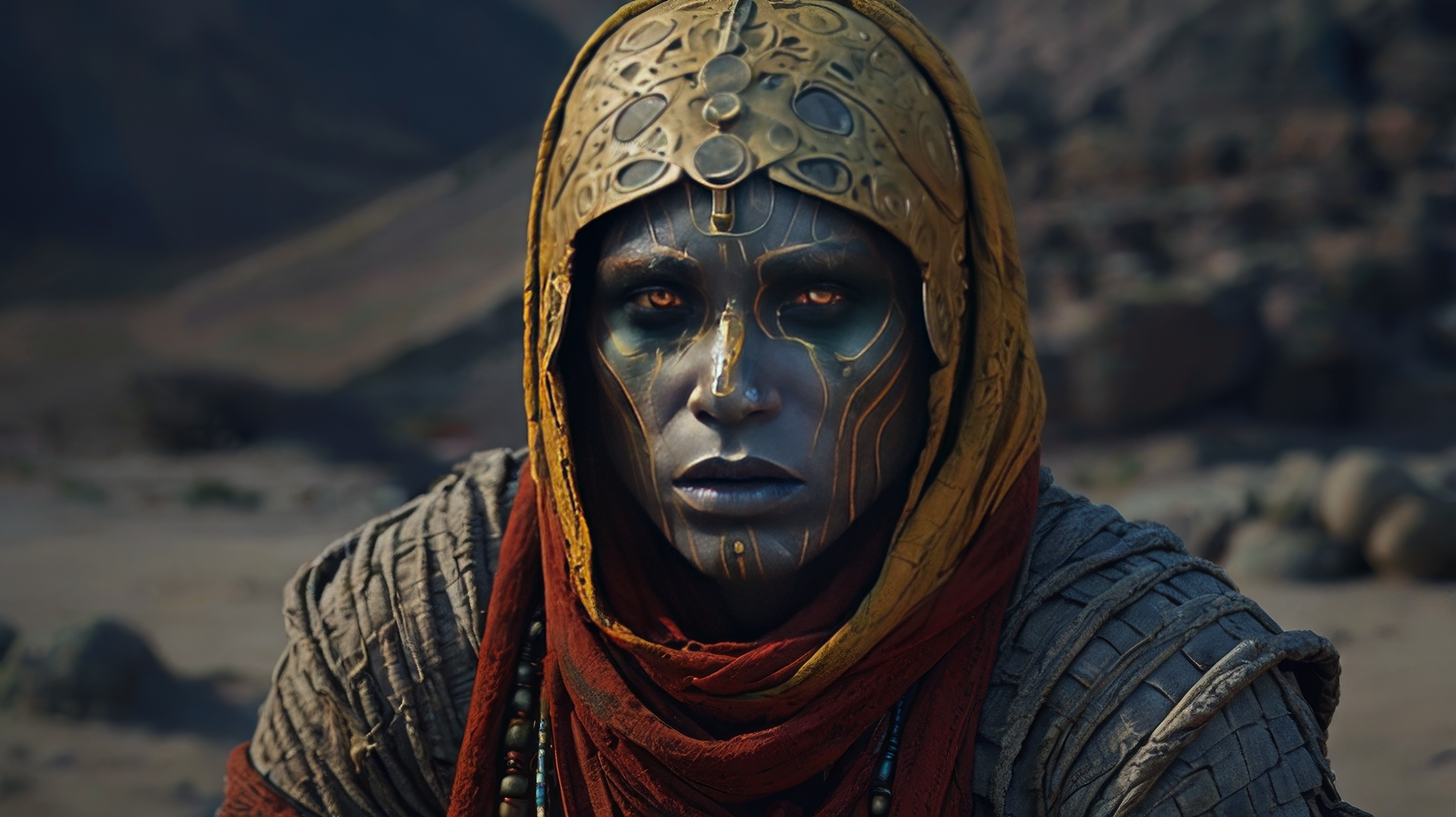 A person with blue makeup is standing outside in the wilderness