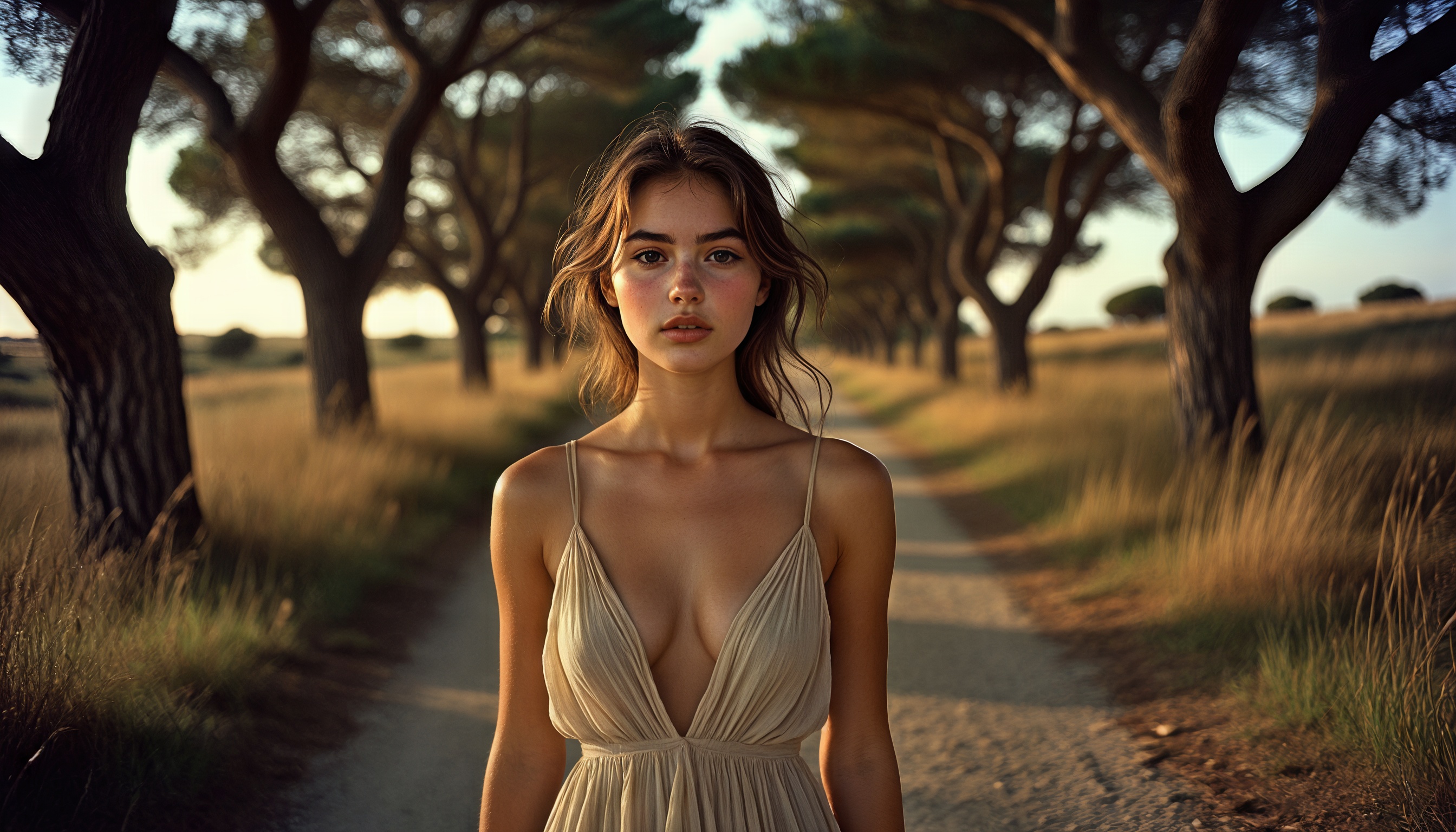 Девушка в бежевом платье на фоне природного ландшафта с деревьями и травой.