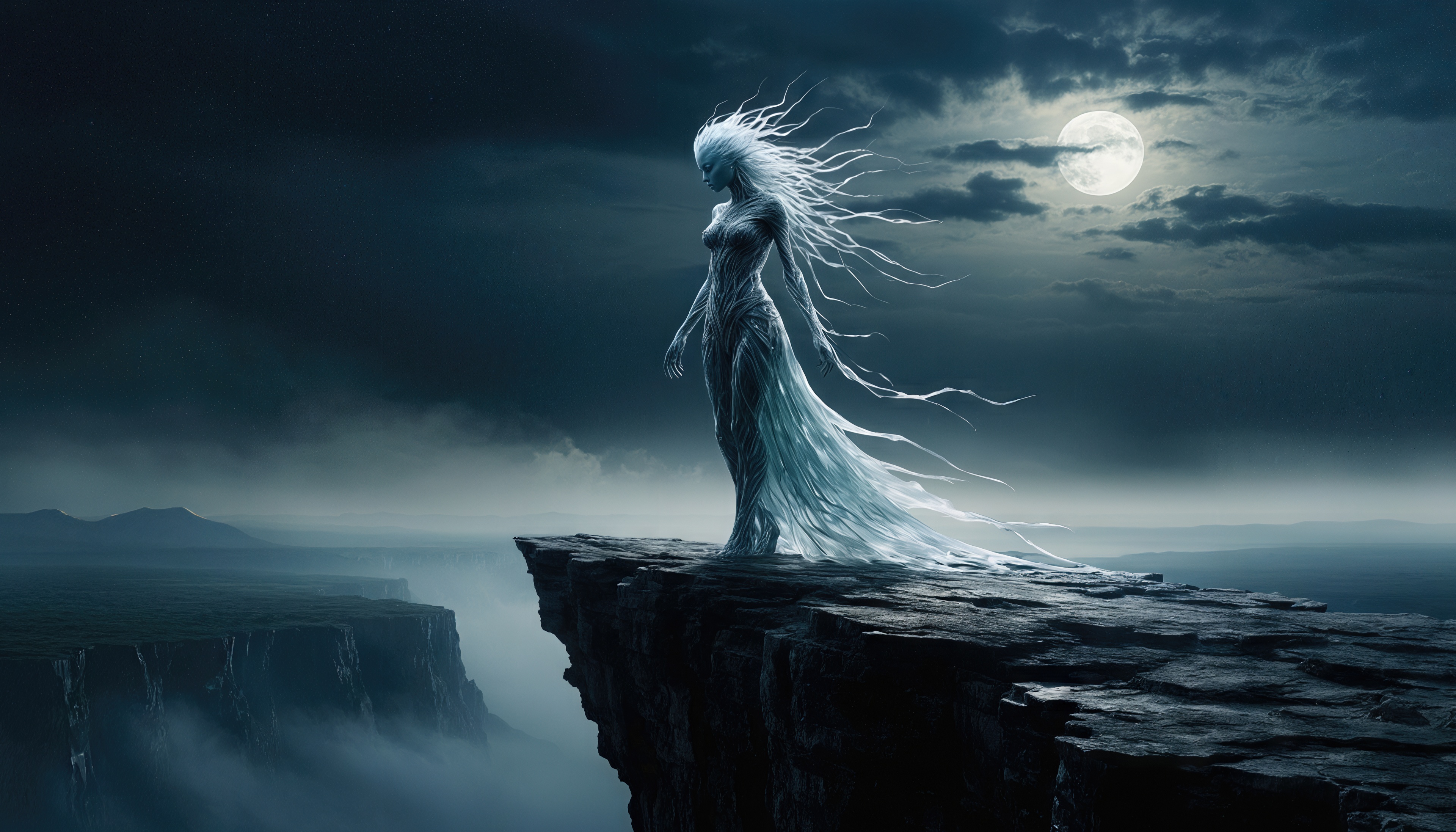 Бесплатное фото Мистическая фигура на краю утёса под светом полной луны, в вихре теней и ветра.