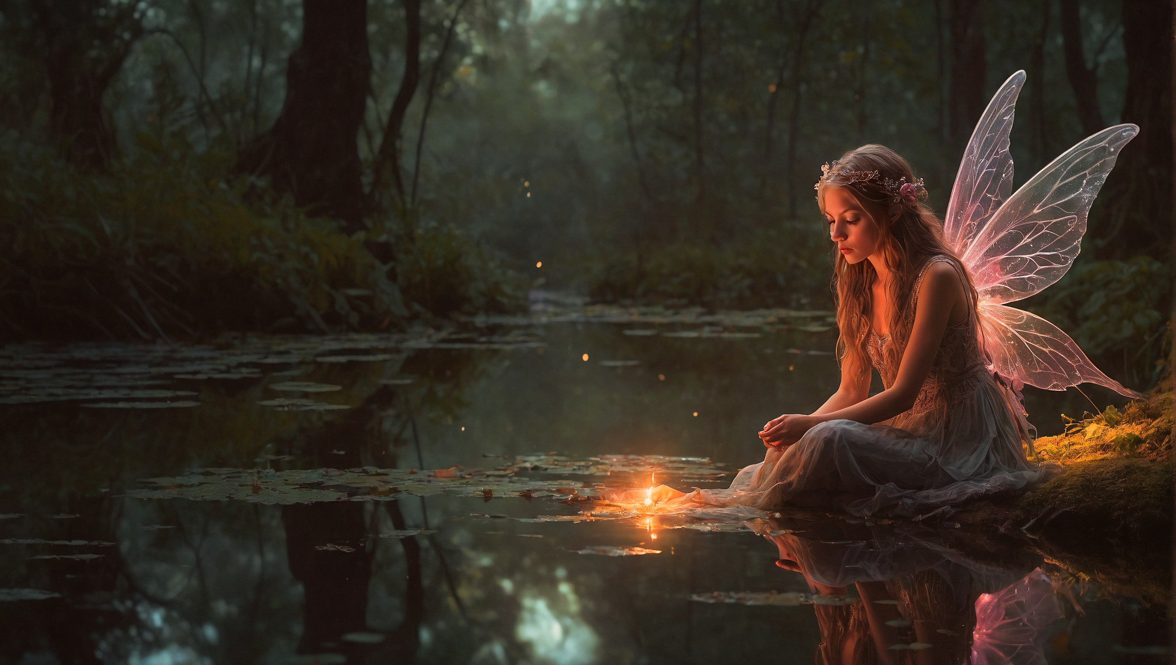A fairy sits on the shore of a pond next to a small candle