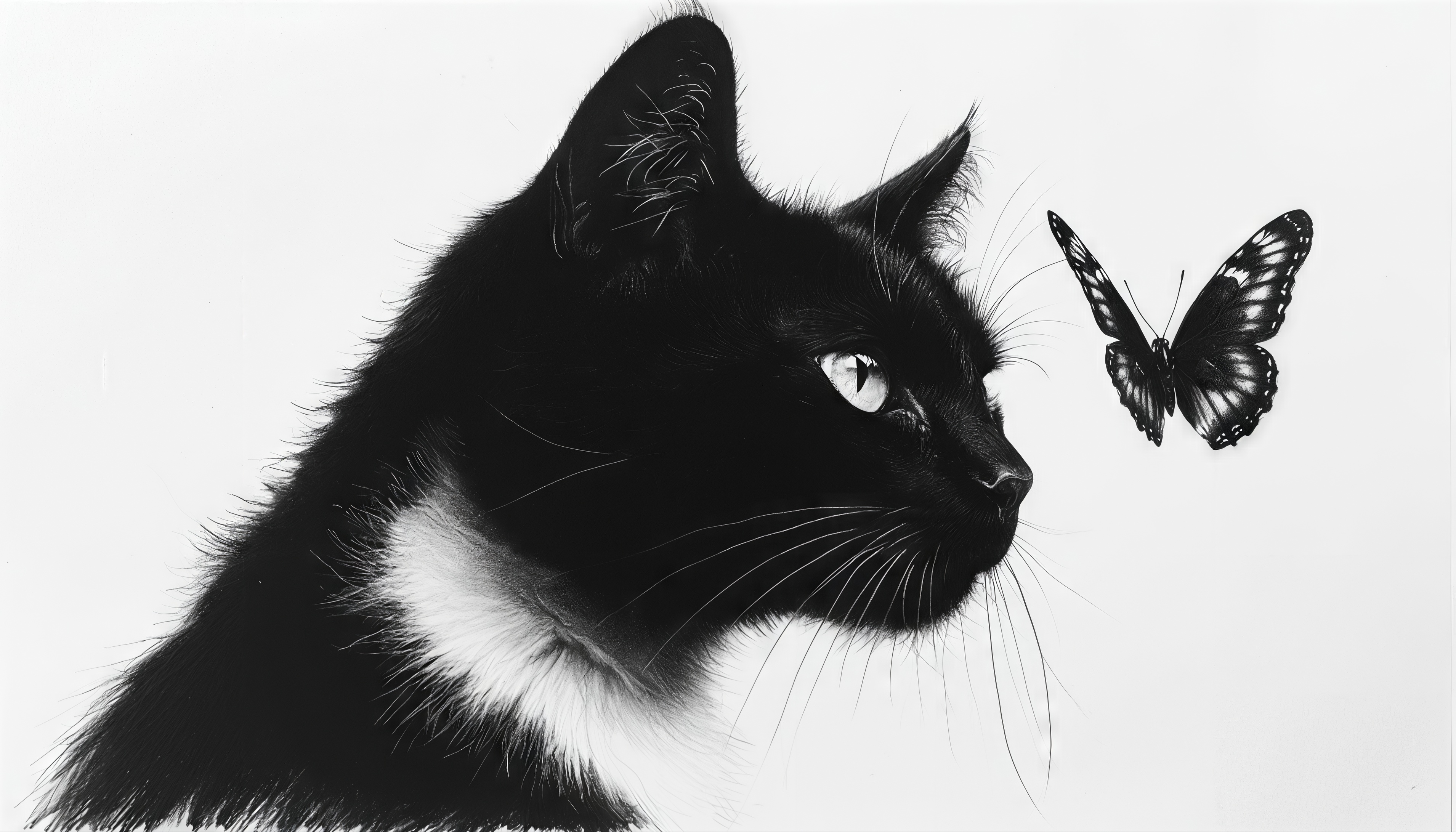 Черно-белая кошка с бабочкой.