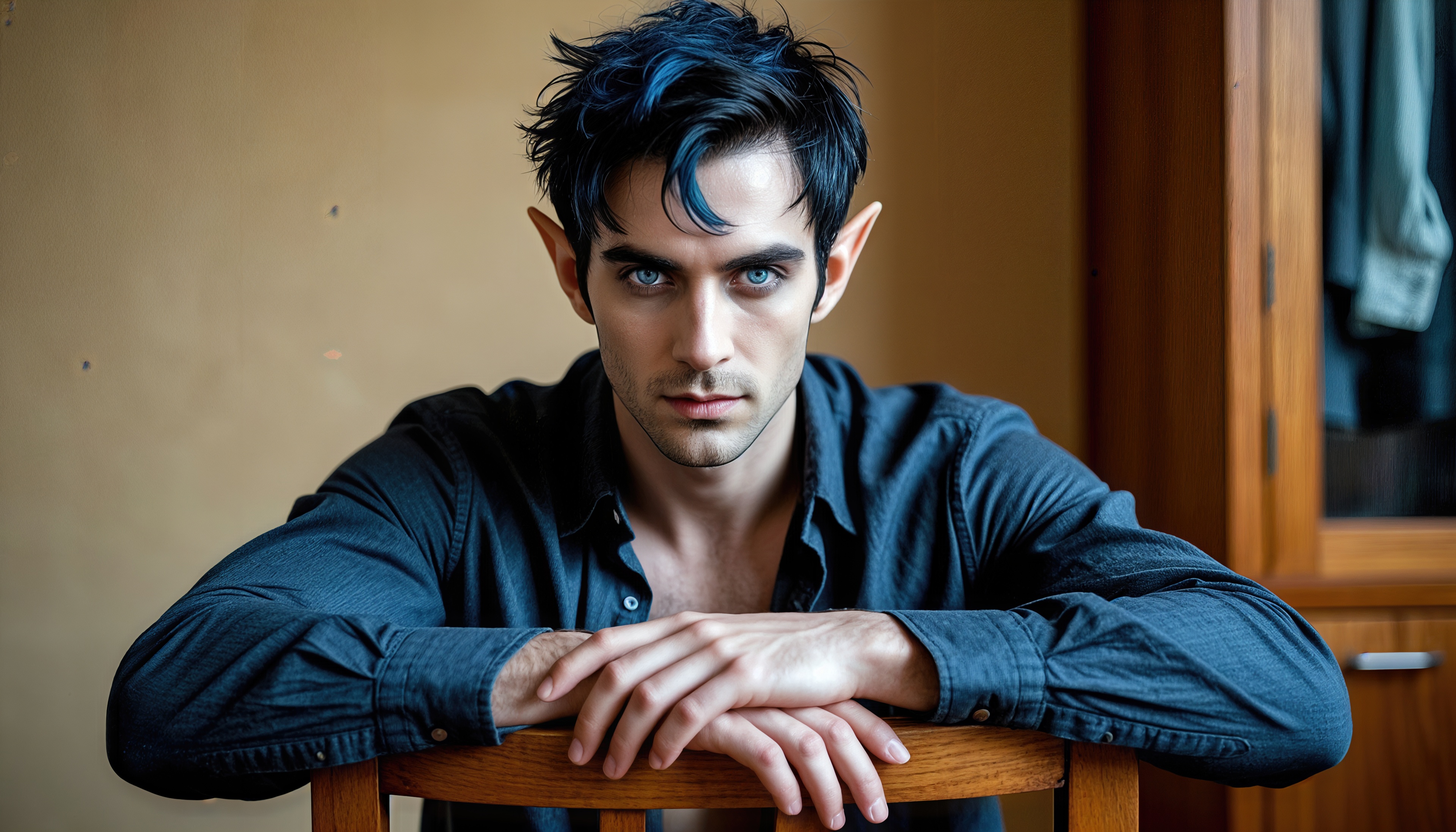 Free photo An attractive elf guy with blue eyes is sitting on a chair in an unbuttoned navy shirt.