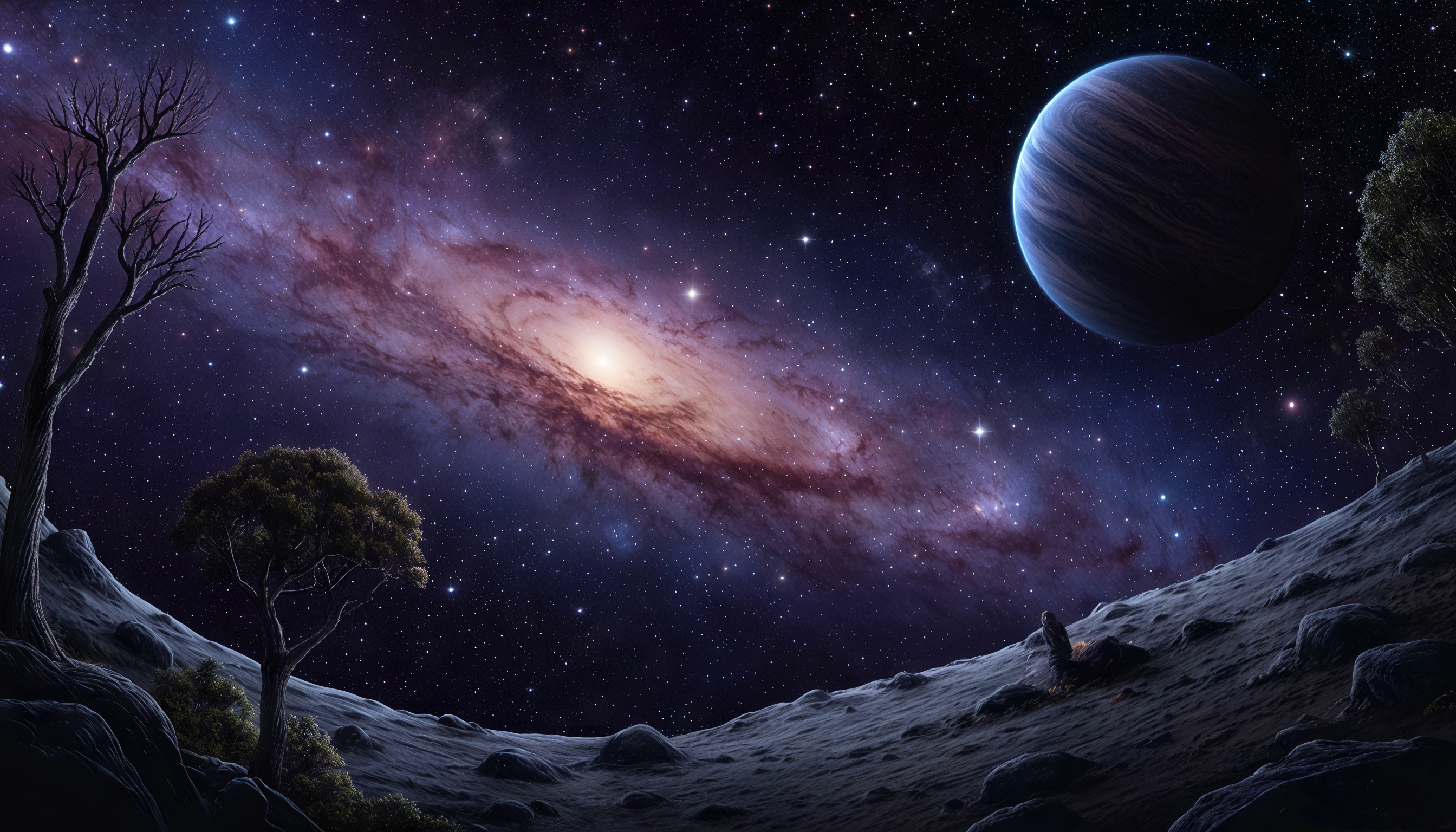 Бесплатное фото Ландшафт каменной пустынной поверхности с редкими деревьями на фоне звёздного неба, спиральной галактики и планеты.