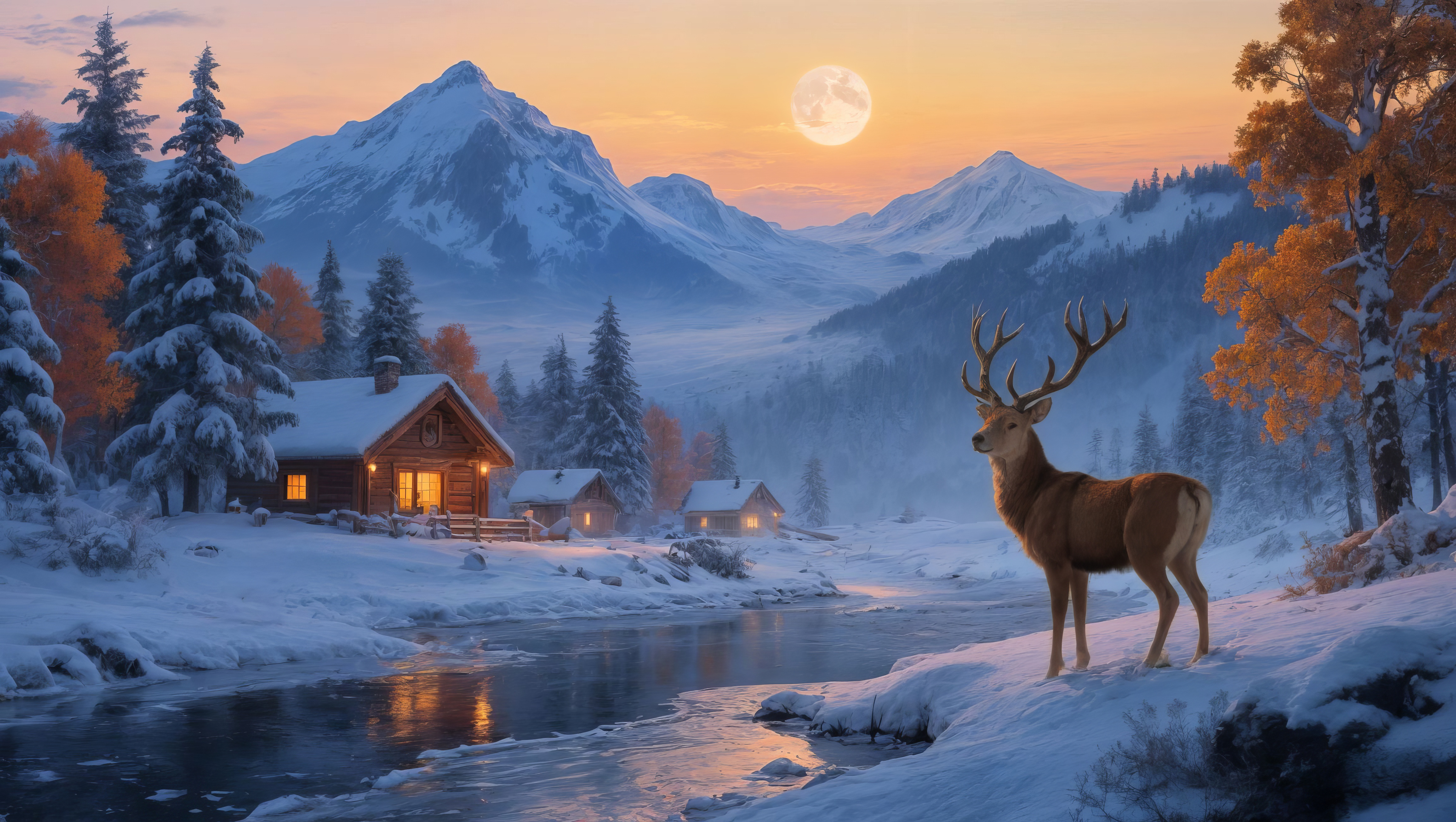 Бесплатное фото Олень, стоящий рядом с замерзшим озером на фоне гор и домов