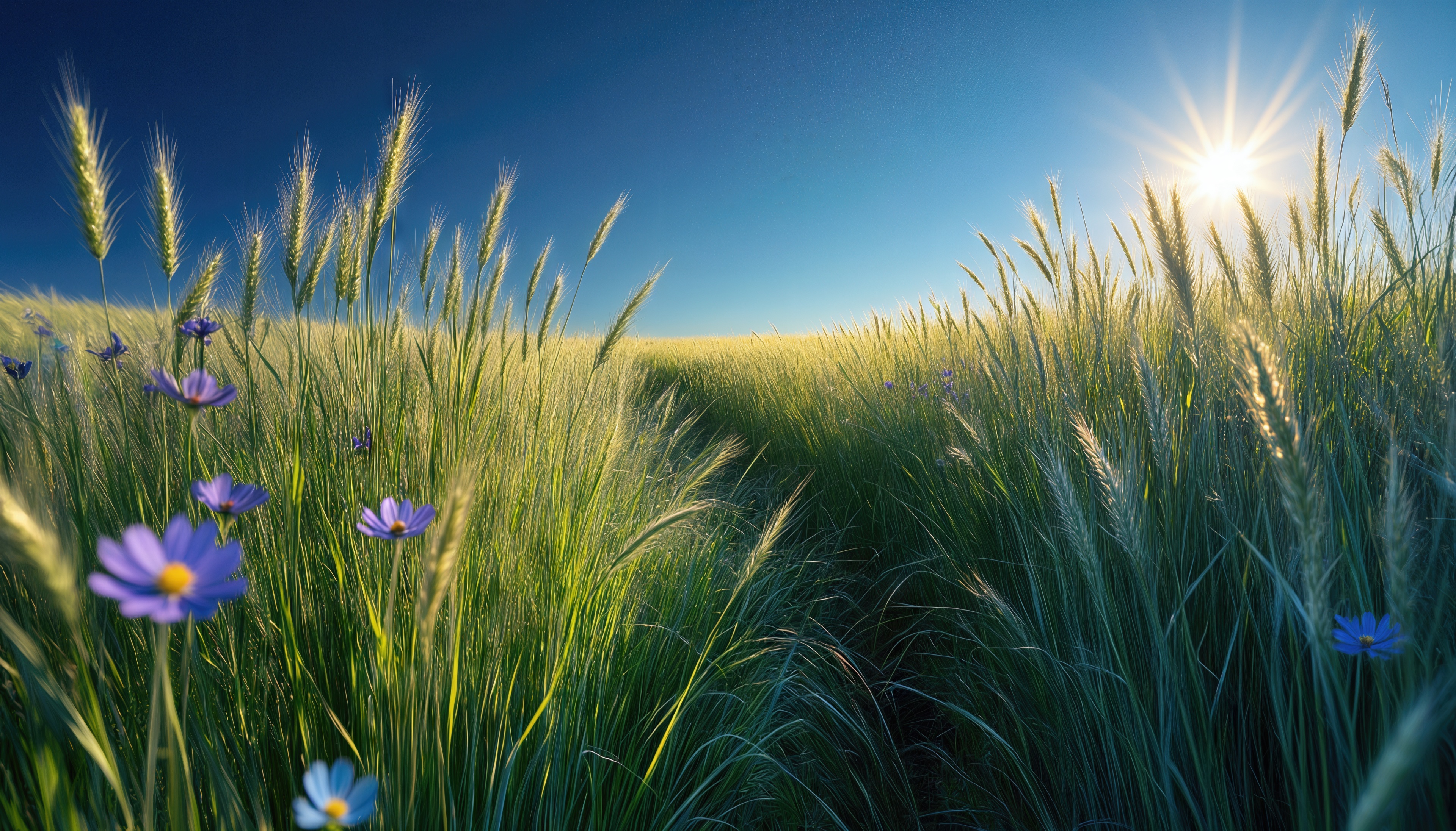 Бесплатное фото Золотое поле пшеницы в лучах солнца шепчет о лете, а васильки шепчут сказки ветру.