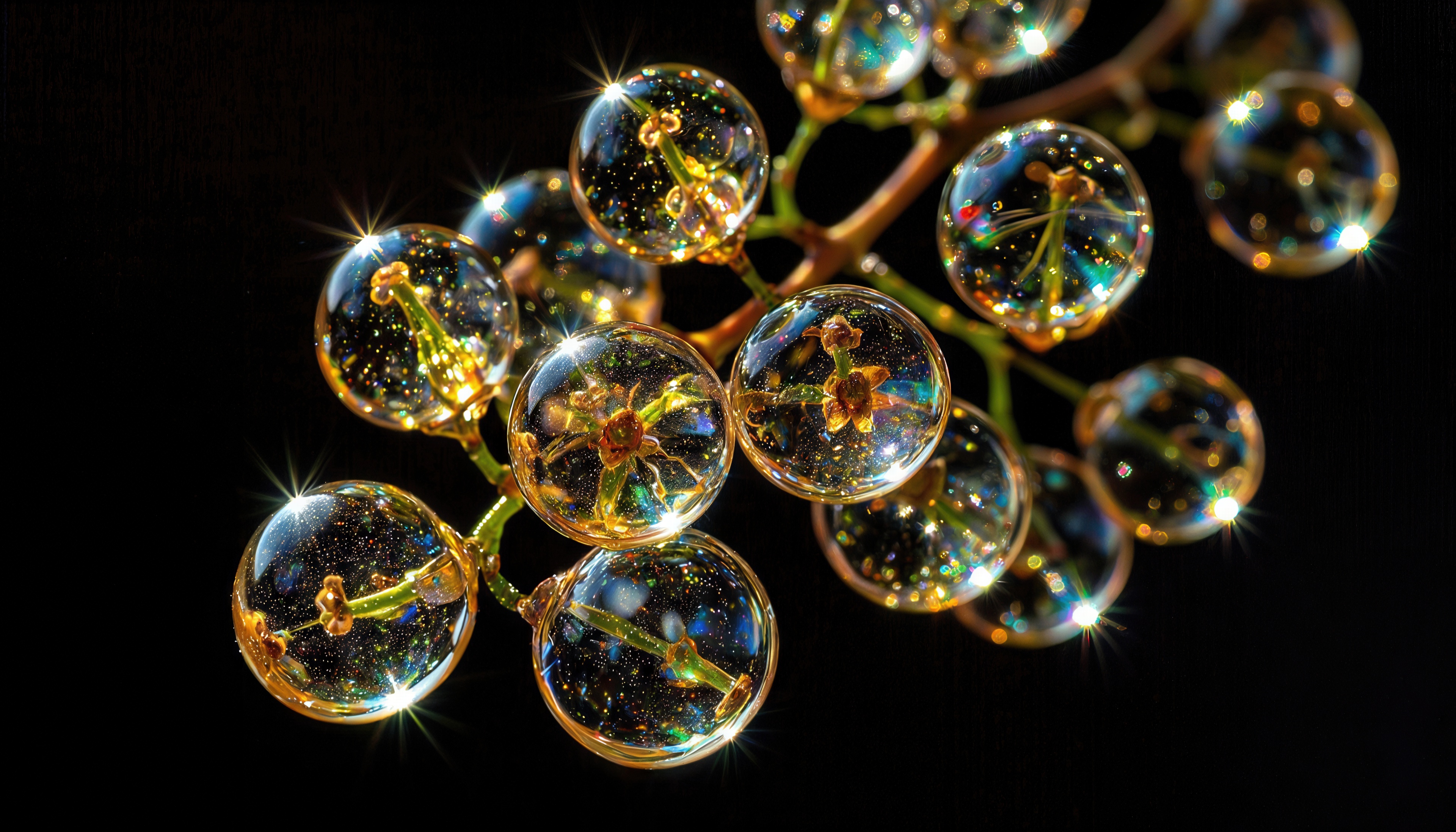 Бесплатное фото Стеклянные шары на веточках переливаются радужными бликами.