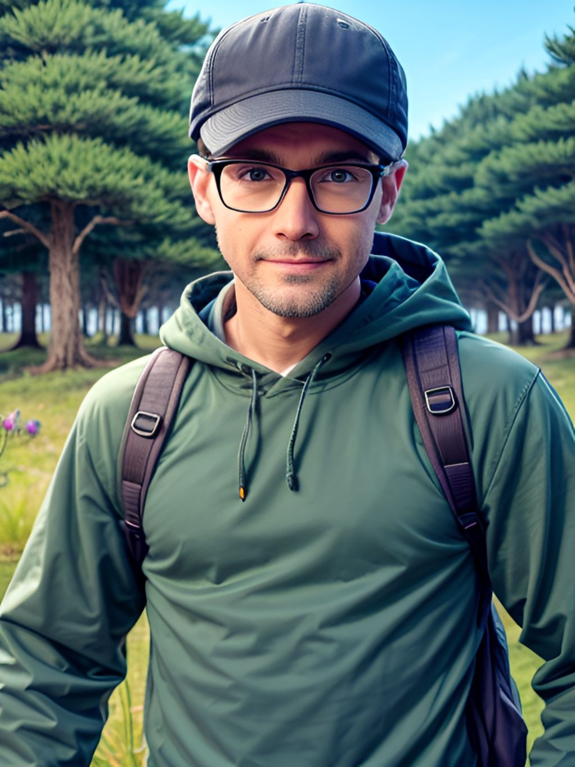 Man, wearing glasses and cap, on the background of the forest, photo