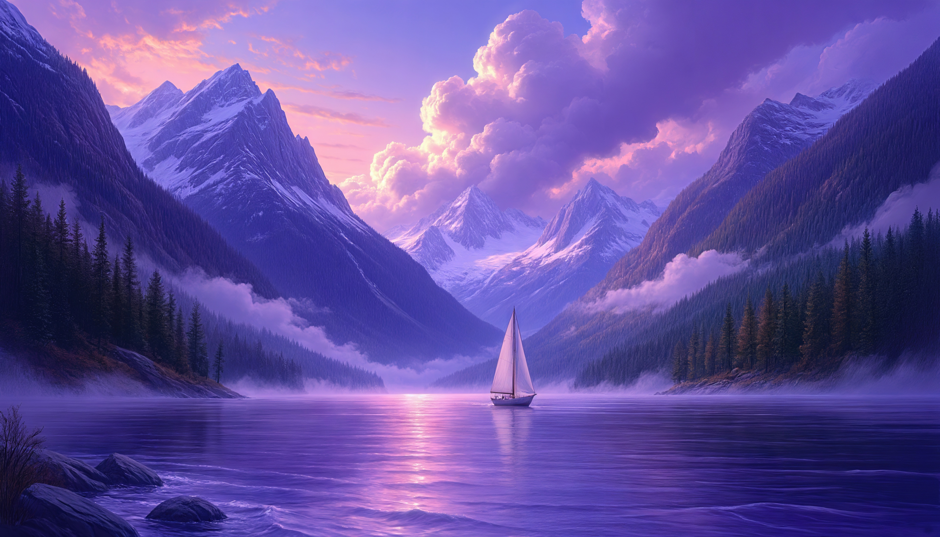 Бесплатное фото Парусник скользит по глади озера у заснеженных гор на закате.