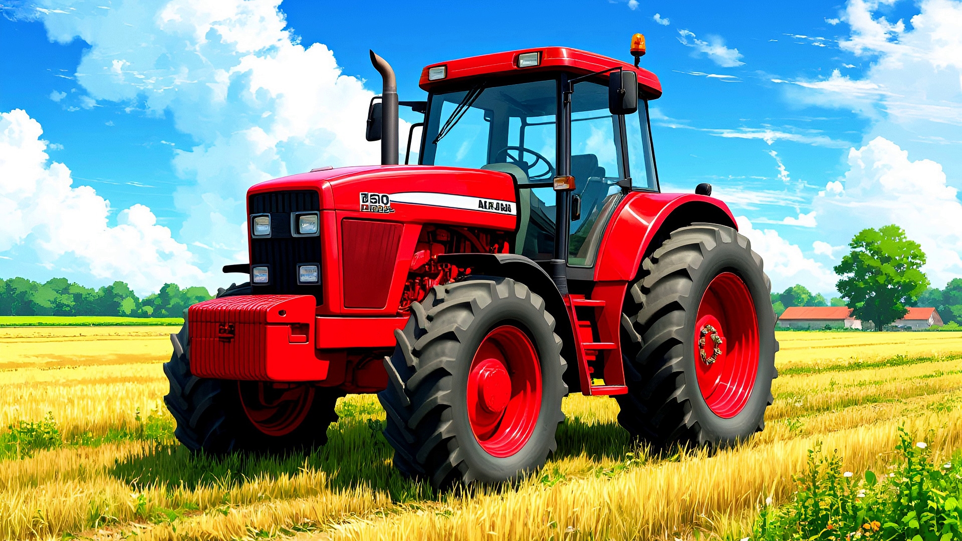 Бесплатное фото Красный трактор стоит в поле