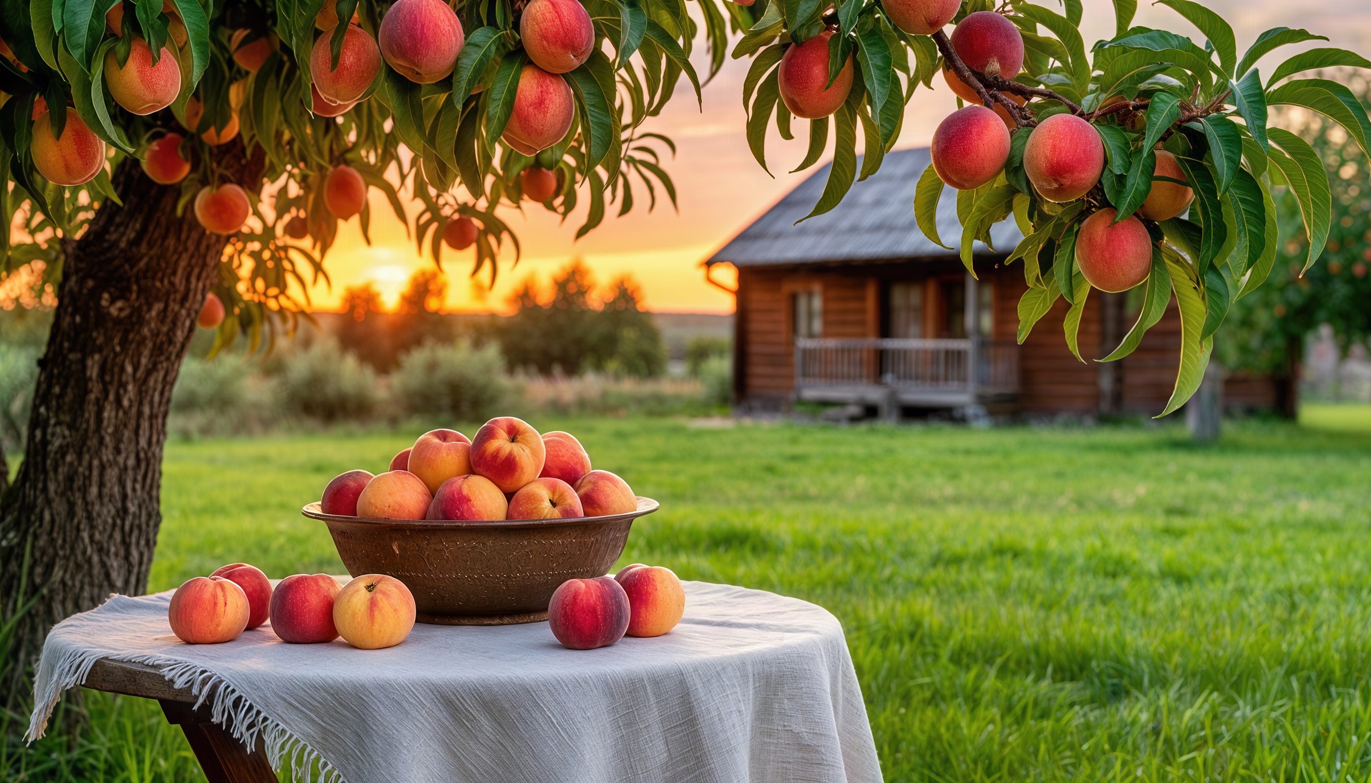 Бесплатное фото Деревянный дом на фоне заката, персиковое дерево рядом и фруктовая тарелка на столе.
